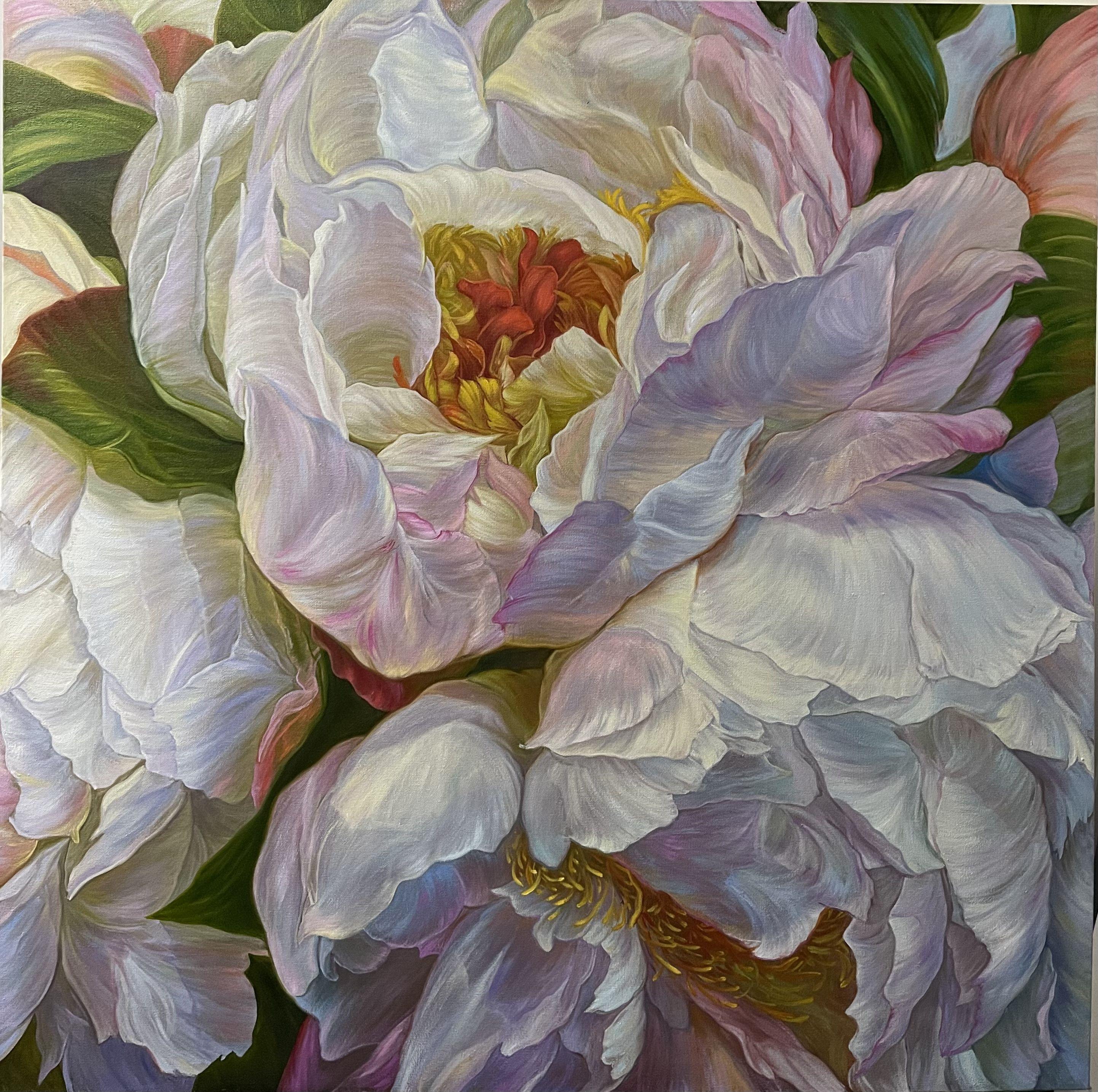 White peonies in a cold color :: Painting :: Photorealism :: This piece comes with an official certificate of authenticity signed by the artist :: Ready to Hang: Yes :: Signed: Yes :: Signature Location: Elena Podmarkova  :: Canvas :: Diagonal ::