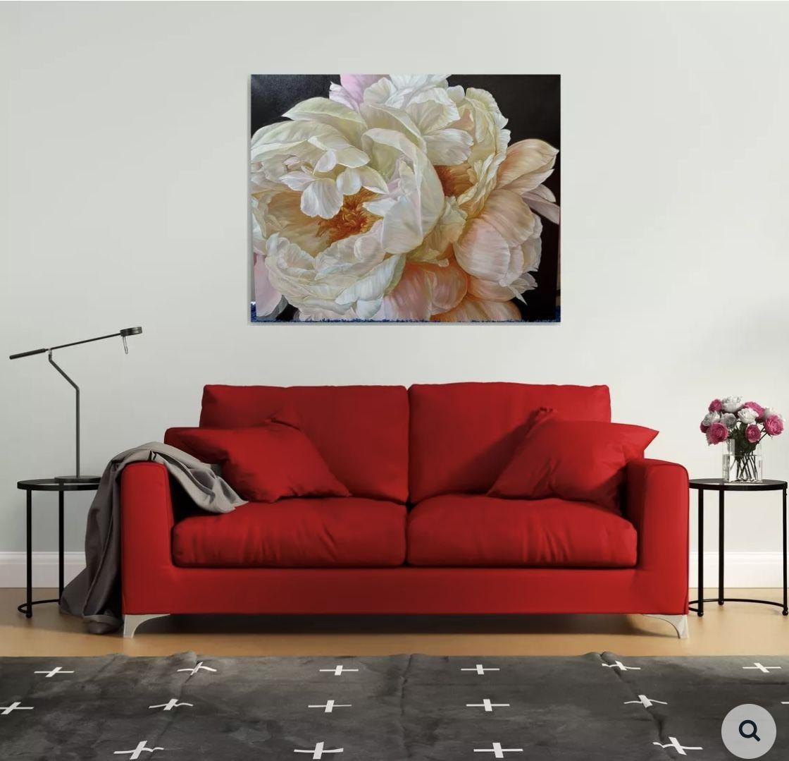 Weiße Pfingstrosen, Gemälde, Öl auf Leinwand (Fotorealismus), Painting, von Elena  Podmarkova 