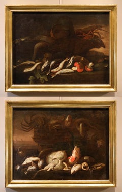 Pair Still-Lifes Fish Recco Paint 17th Century Oil on canvas Old master Italy