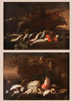 Pair Still-Lifes Fish Recco Paint 17th Century Oil on canvas Old master Italy