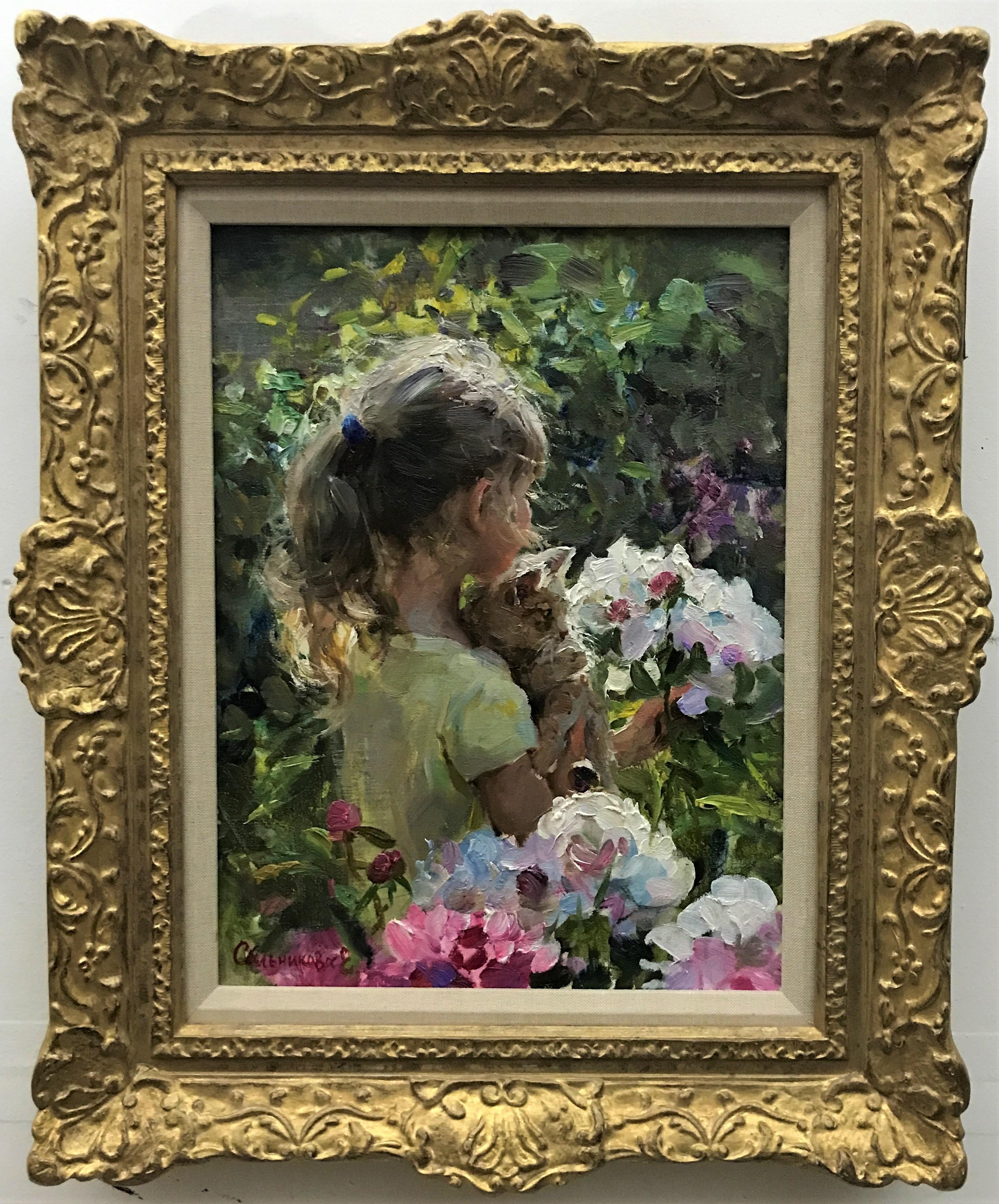 In the Garden, original 21st Century oil on canvas, post-impressionist, portrait - Painting by Elena Salnikova