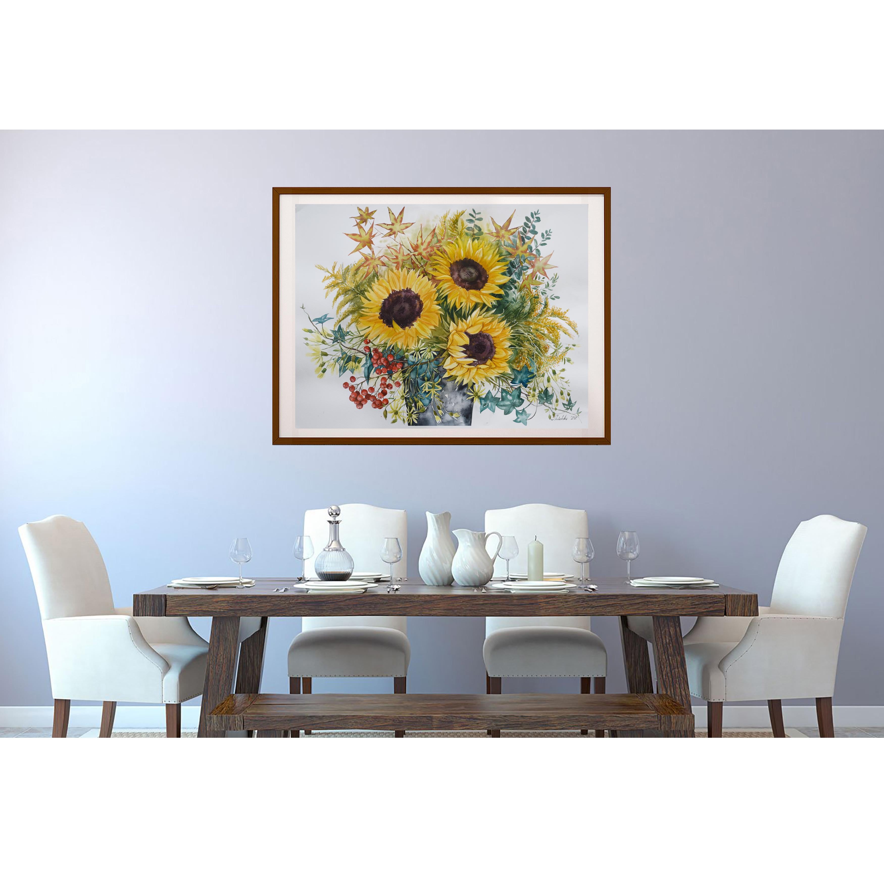 Bouquet with sunflowers painted from life with watercolors on paper 300 mg density, 100% cotton