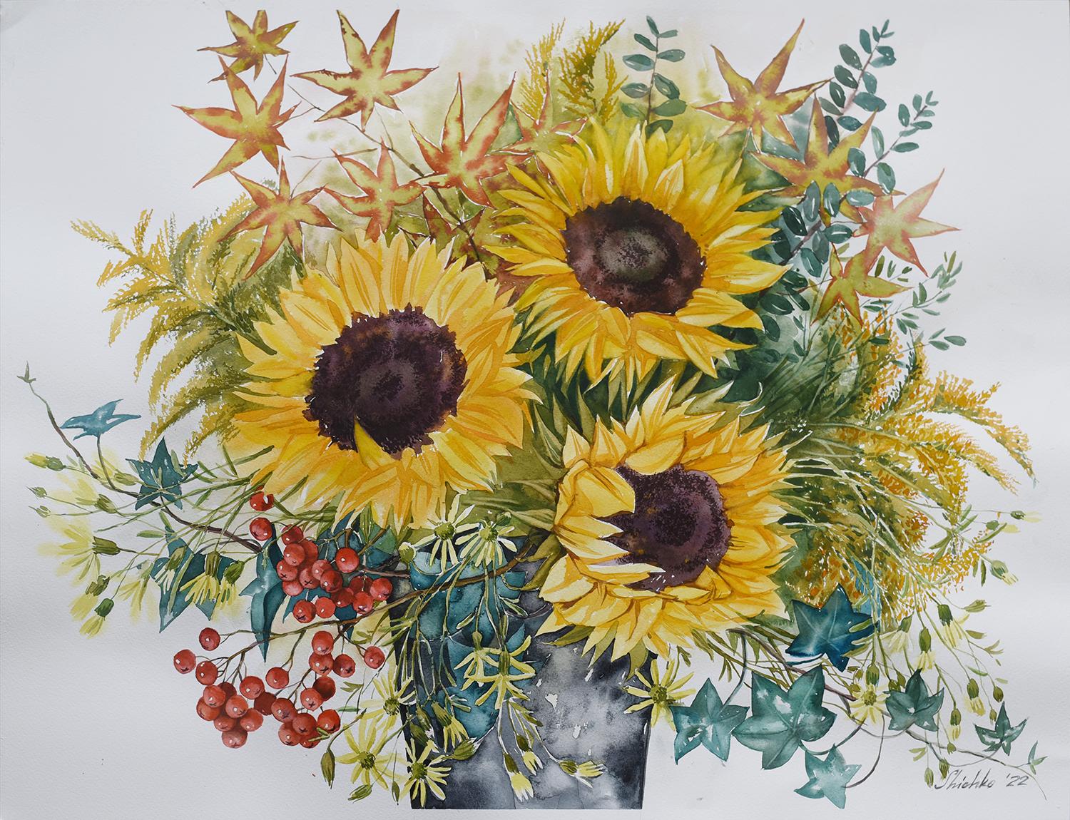 Elena Shichko Still-Life Painting - Bouquet with sunflowers