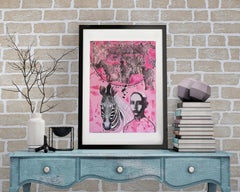 Friends, Portrait with Zebras, Original Elegant Painting Pink Colors on Paper