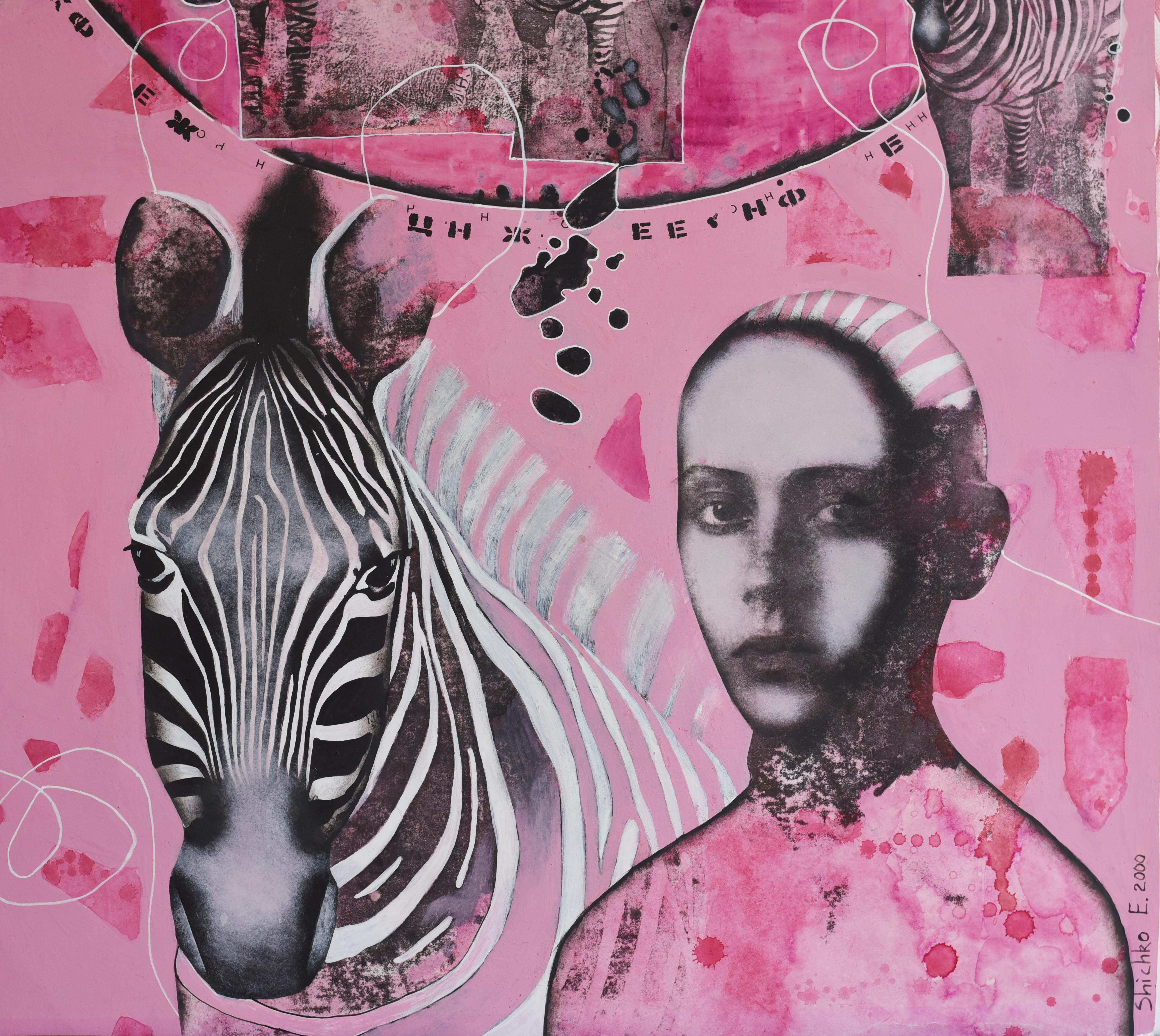 Friends, Portrait with Zebras, Original Elegant Painting Pink Colors on Paper For Sale 1