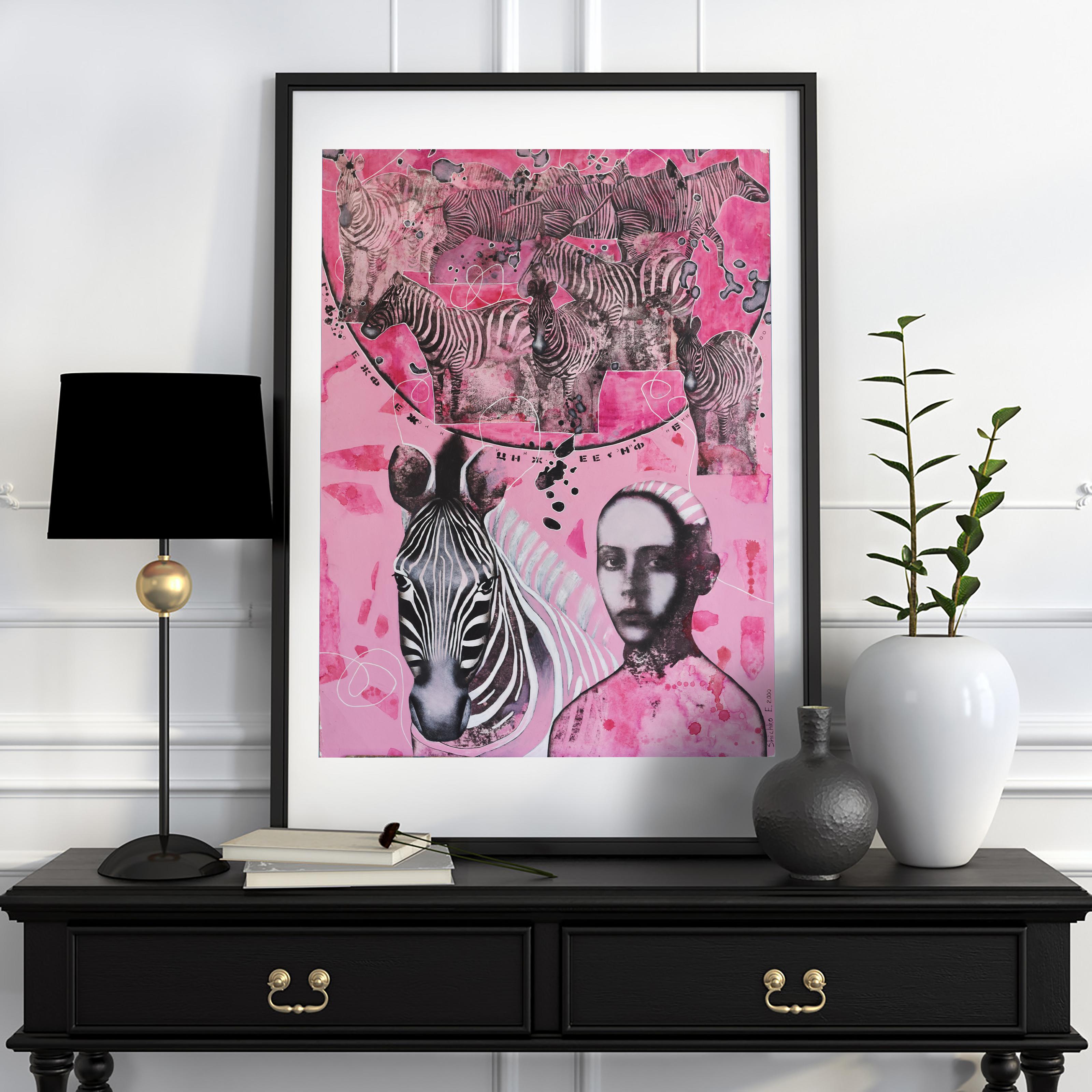 Friends, Portrait with Zebras, Original Elegant Painting Pink Colors on Paper For Sale 2