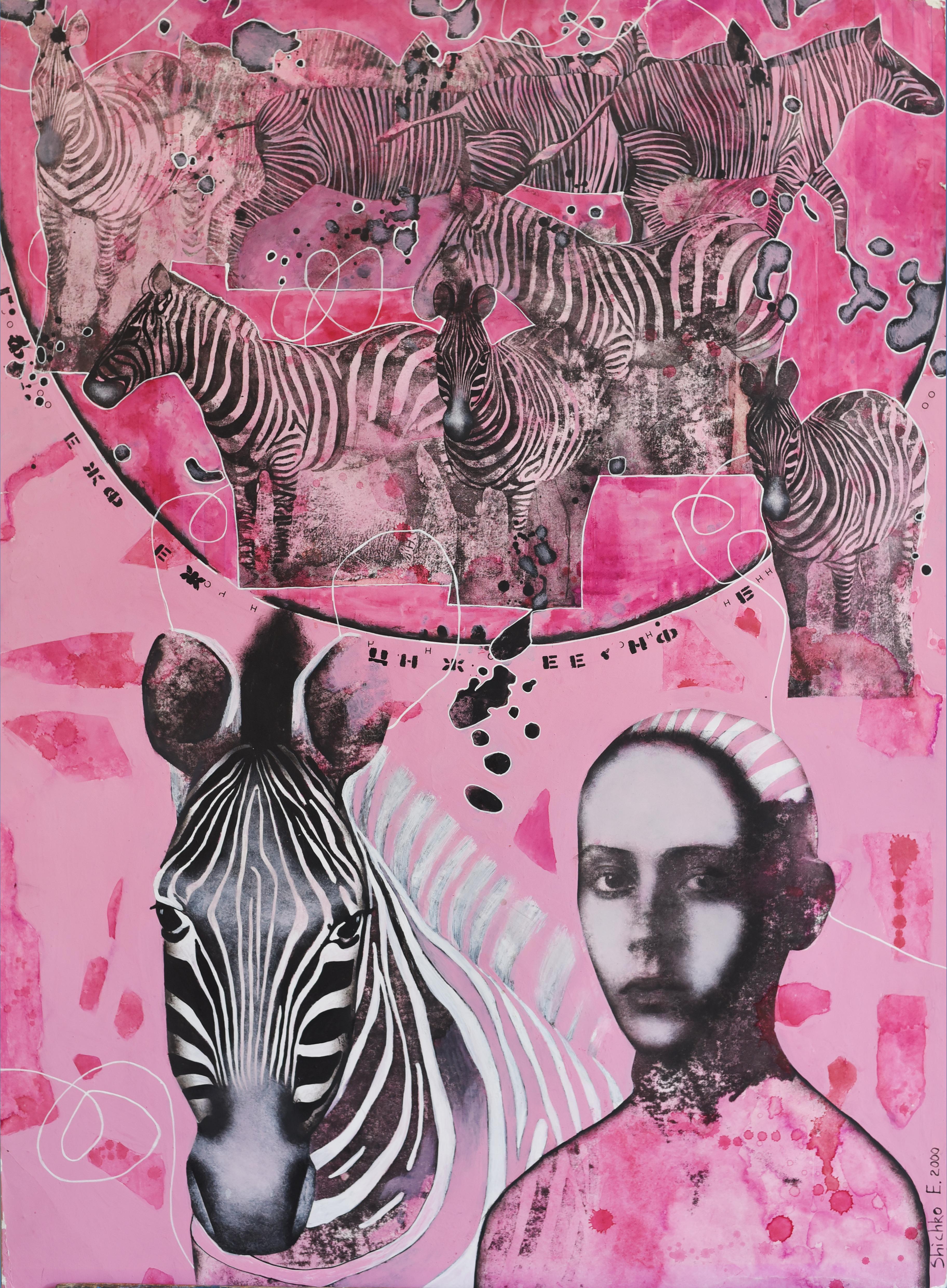 Friends, Portrait with Zebras, peinture originale et élégante de couleurs roses sur papier
