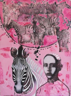 Friends, Portrait with Zebras, Original Elegant Painting Pink Colors on Paper
