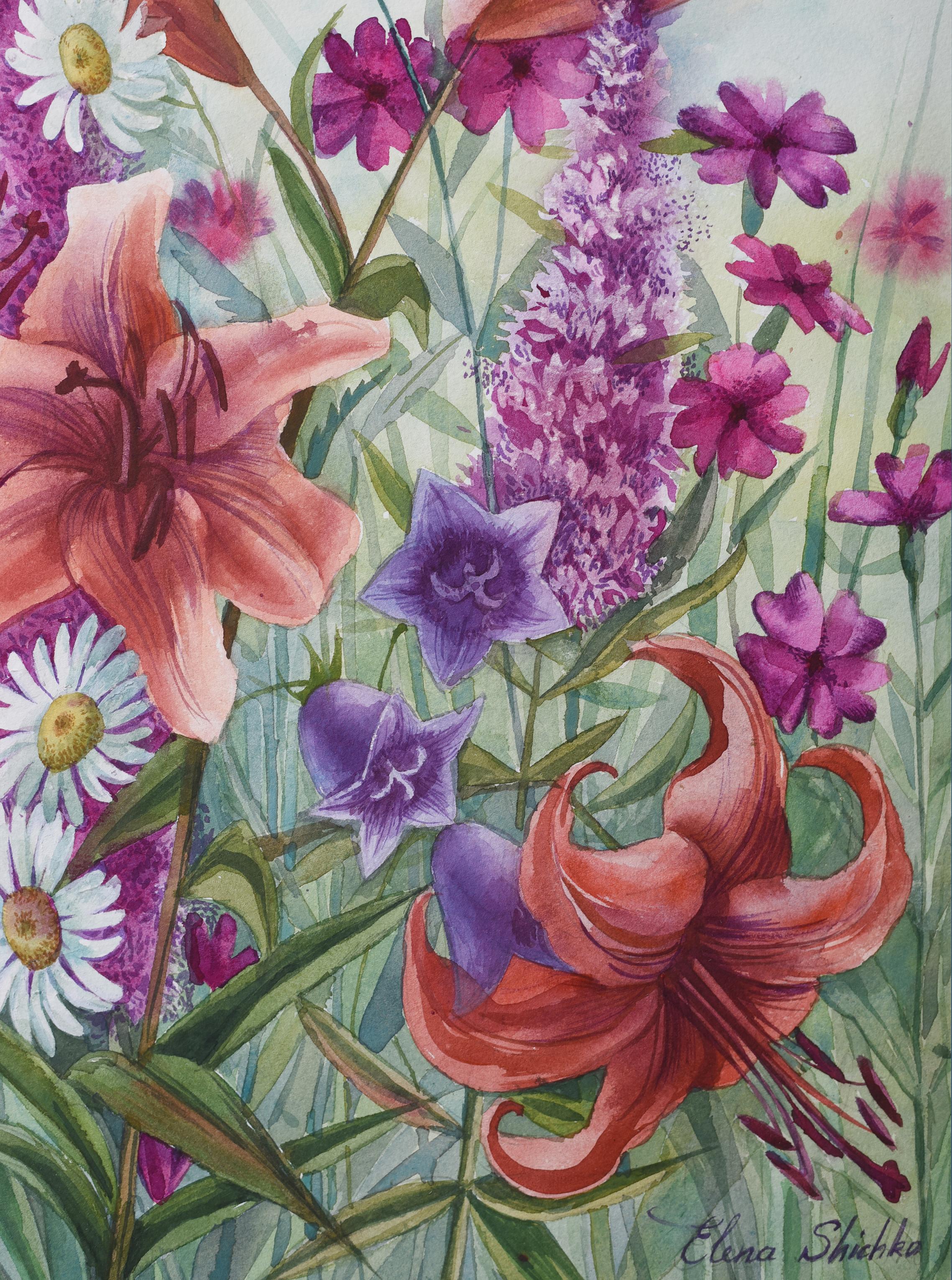 LILIES IN SUMMER GARDEN - Painting by Elena Shichko