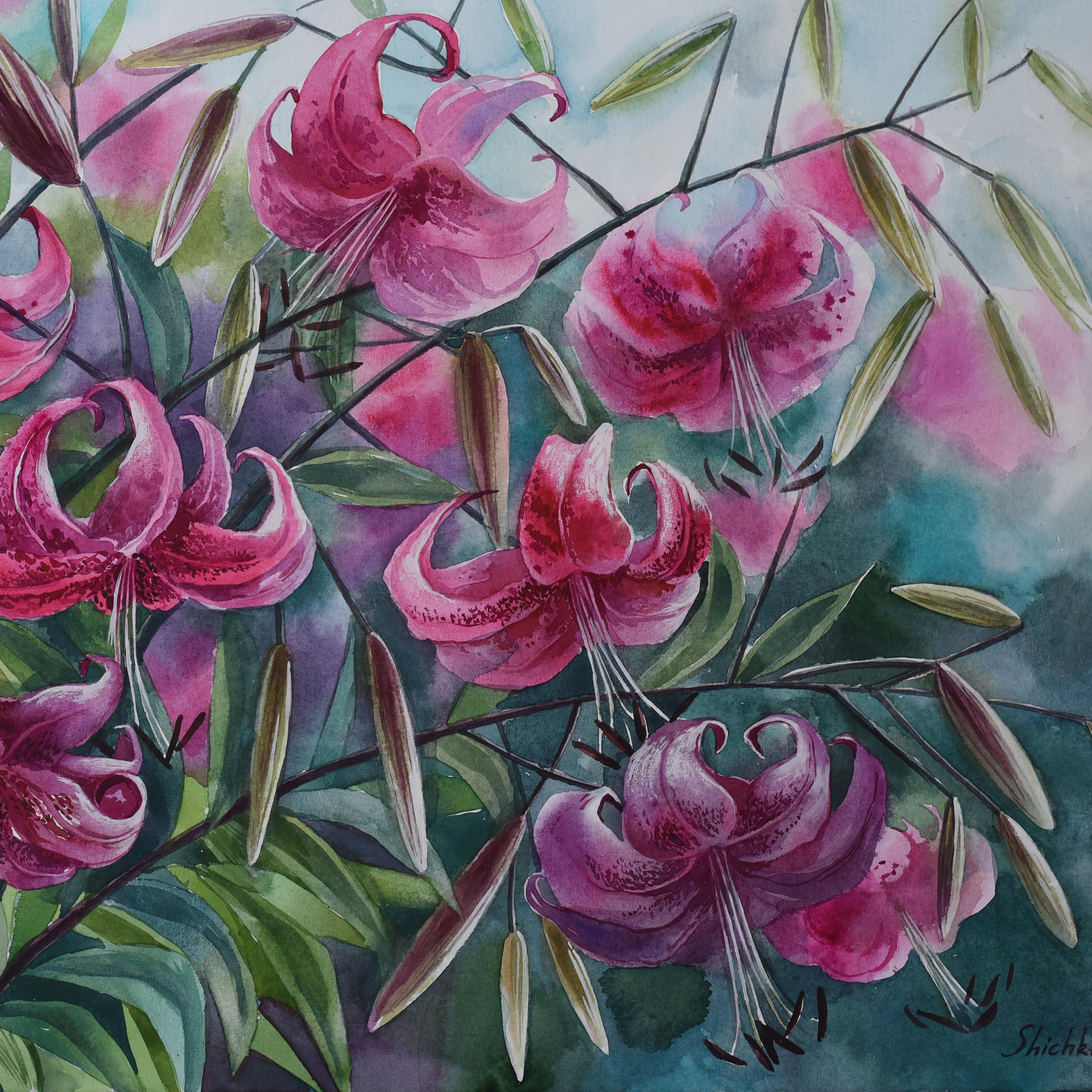 LILIES IN SUMMER GARDEN - Aesthetic Movement Painting by Elena Shichko