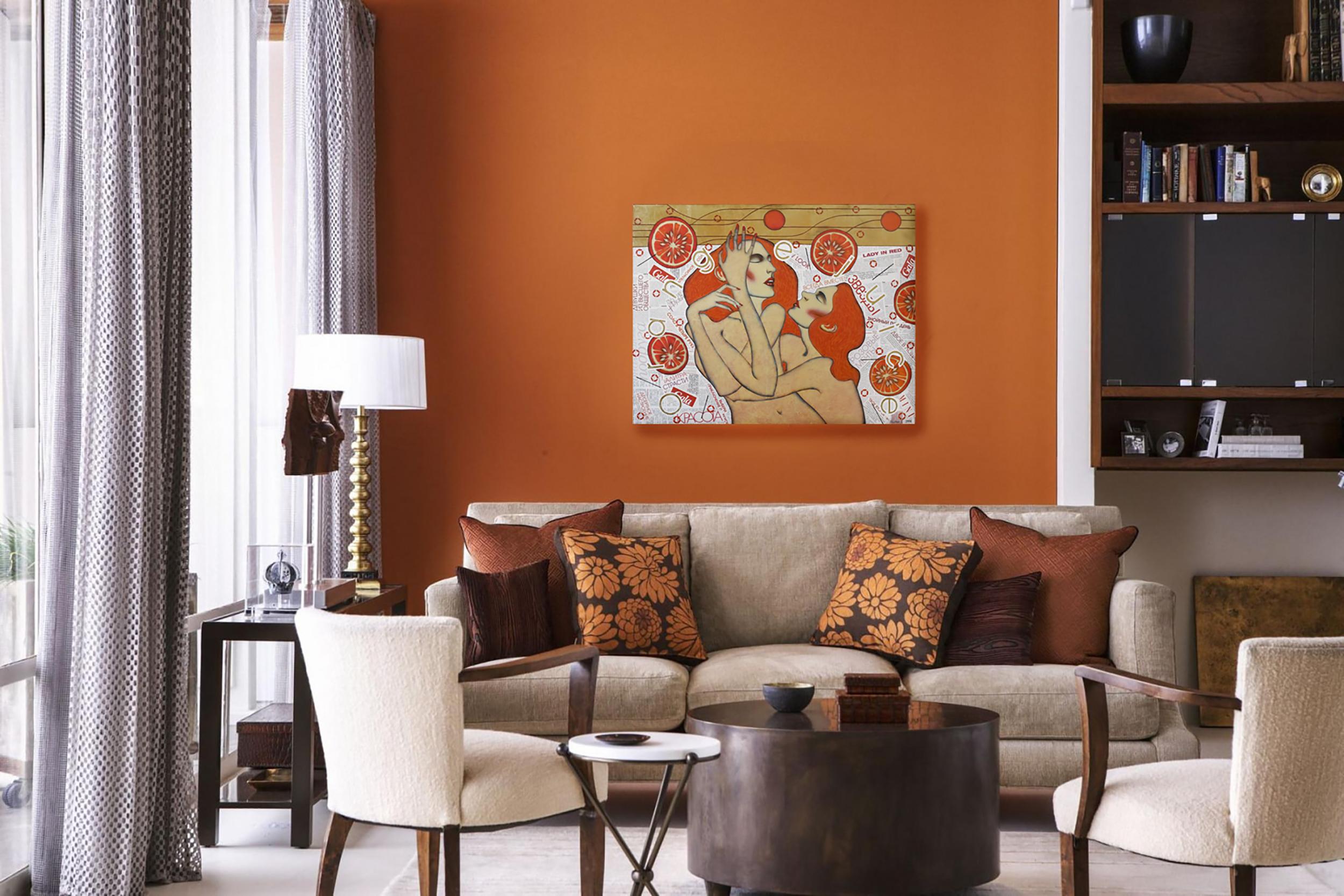 Succo d'arancia è un dipinto originale su tela 70x90 cm.  L'opera è decorata con foglia d'oro (imitazione), contiene elementi di collage.

Questo pannello decorativo è dedicato alla bellezza e alla plasticità del corpo femminile. L'opera 
