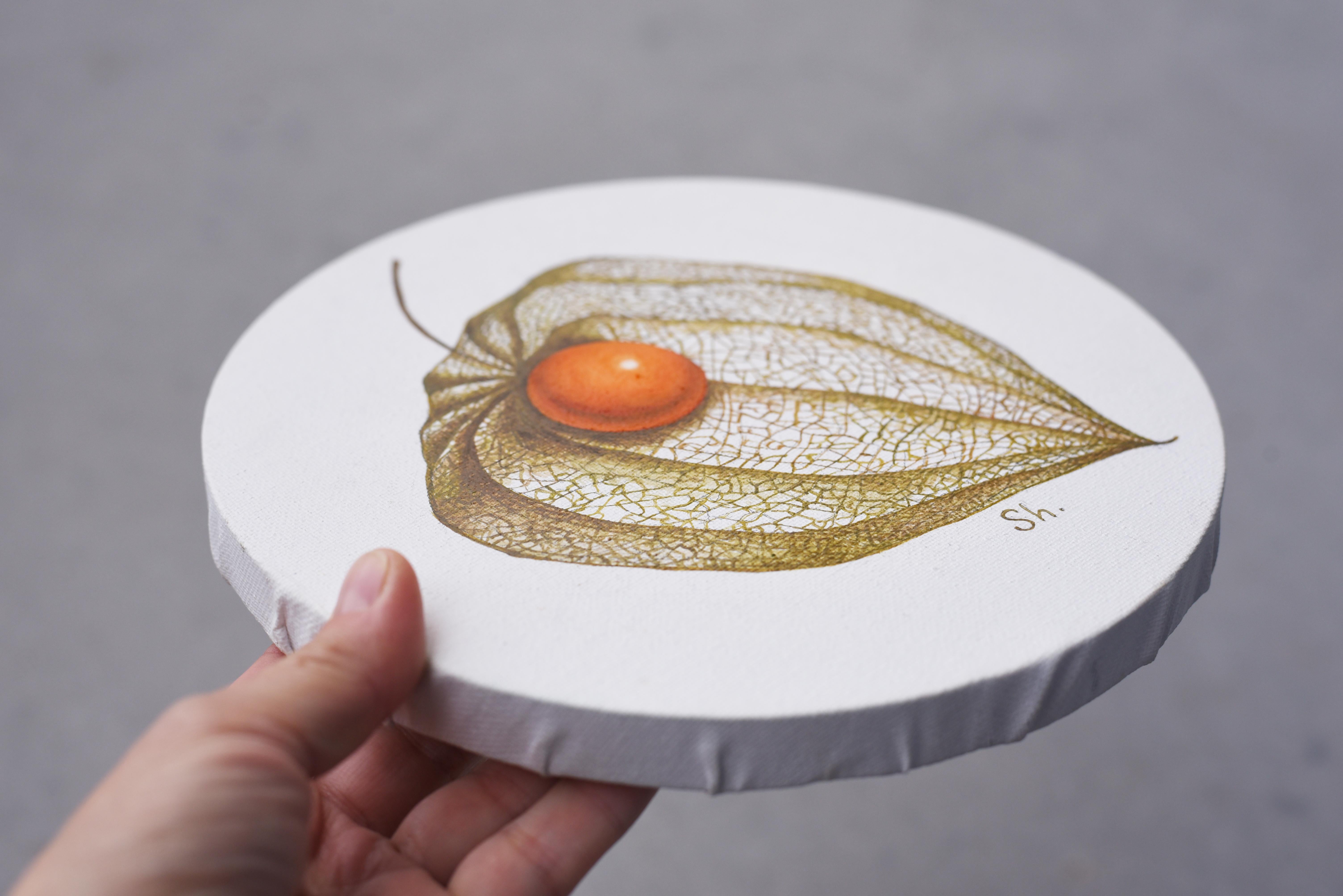Physalis fruit painted with oil paints on a round canvas - Painting by Elena Shichko