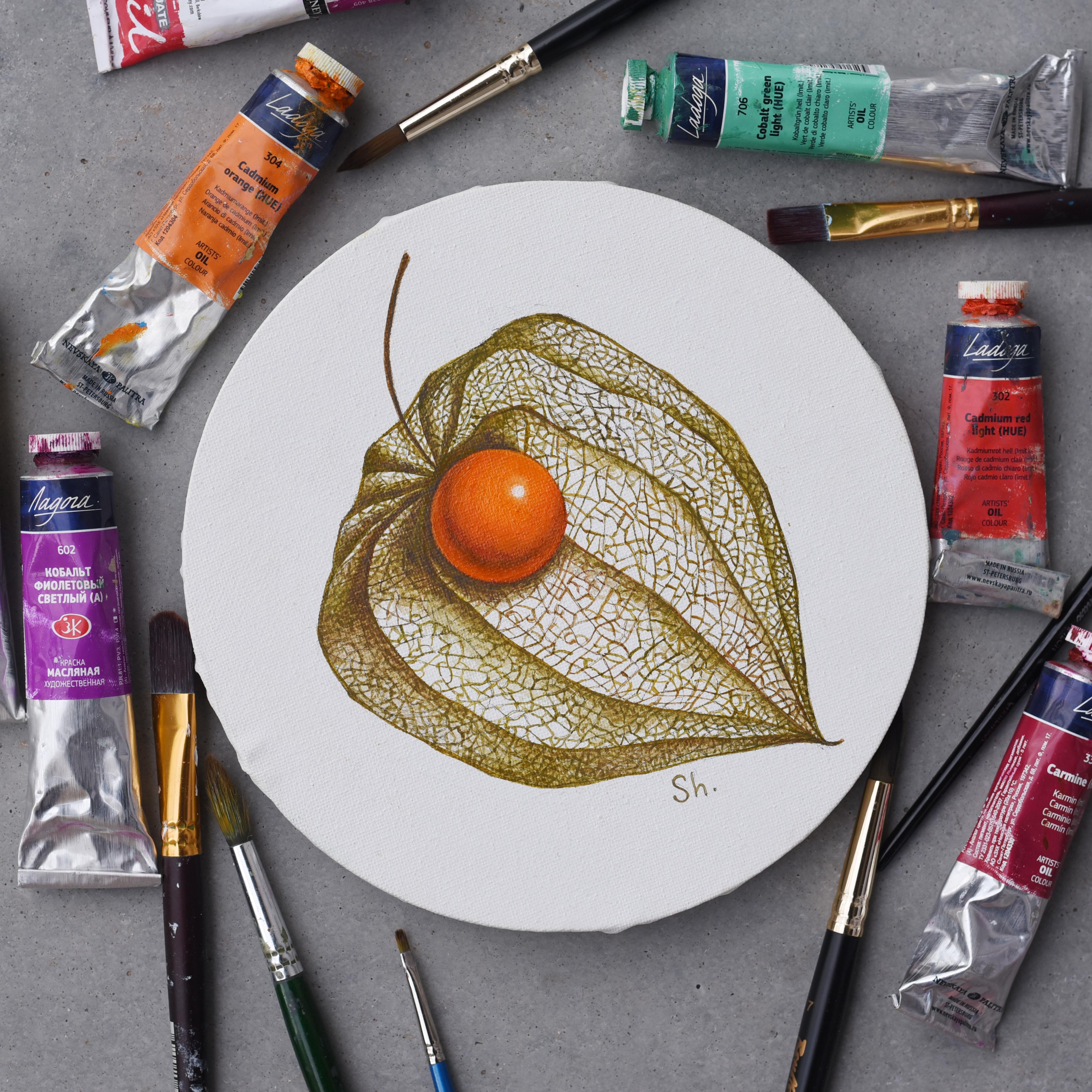 Physalis fruit painted with oil paints on a round canvas For Sale 1