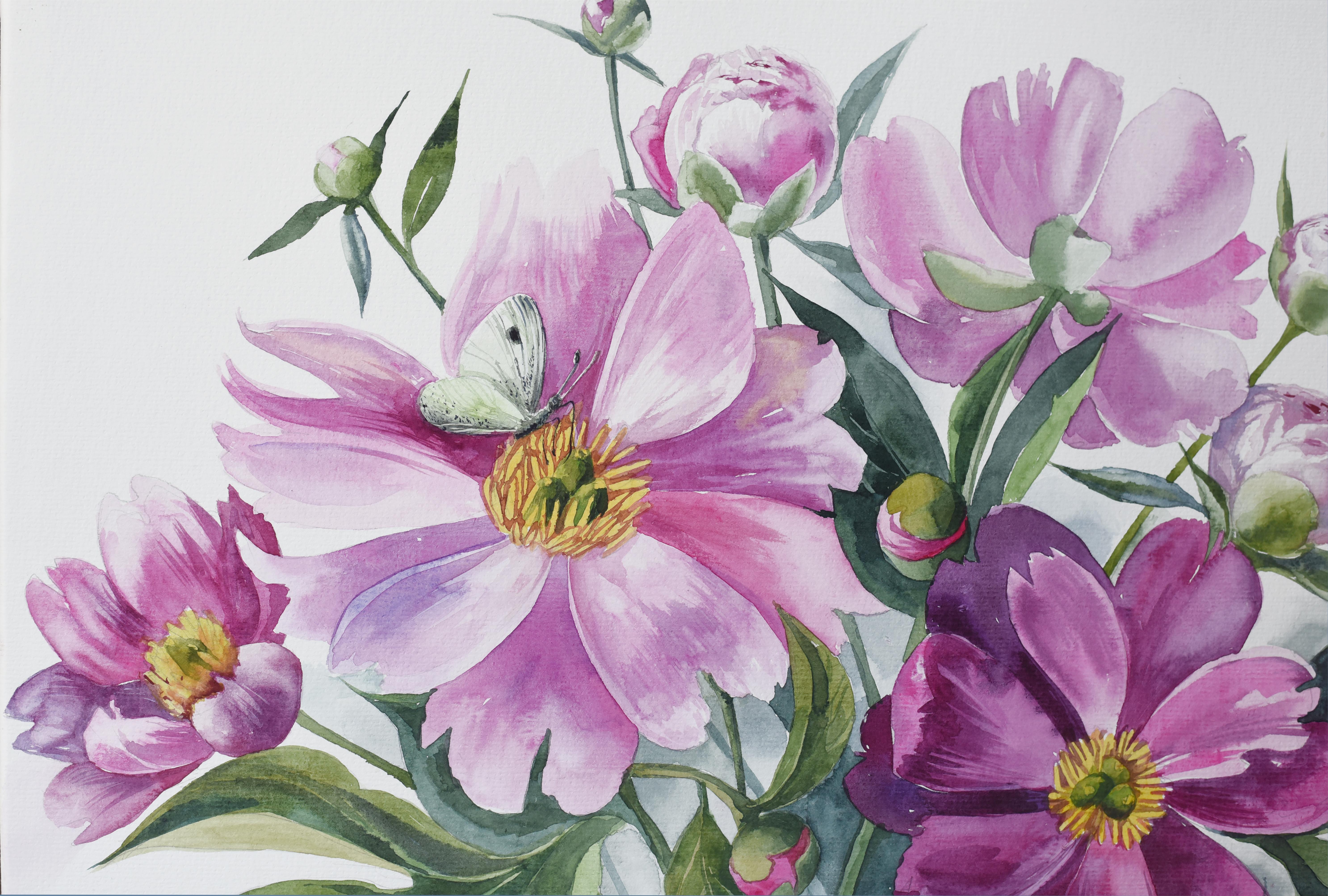 Pink peonies watercolor - Painting by Elena Shichko