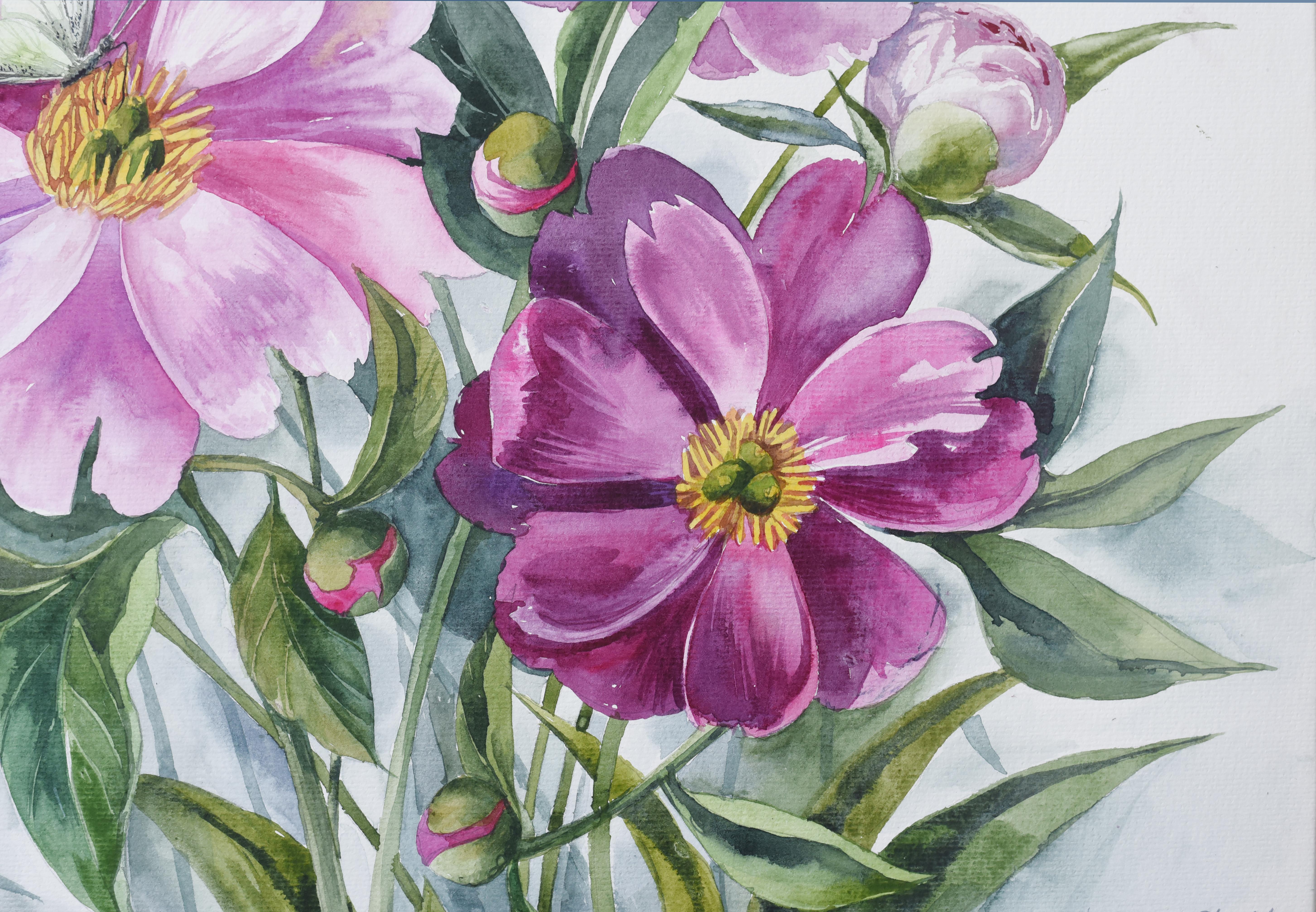 Pink peonies watercolor - Romantic Painting by Elena Shichko