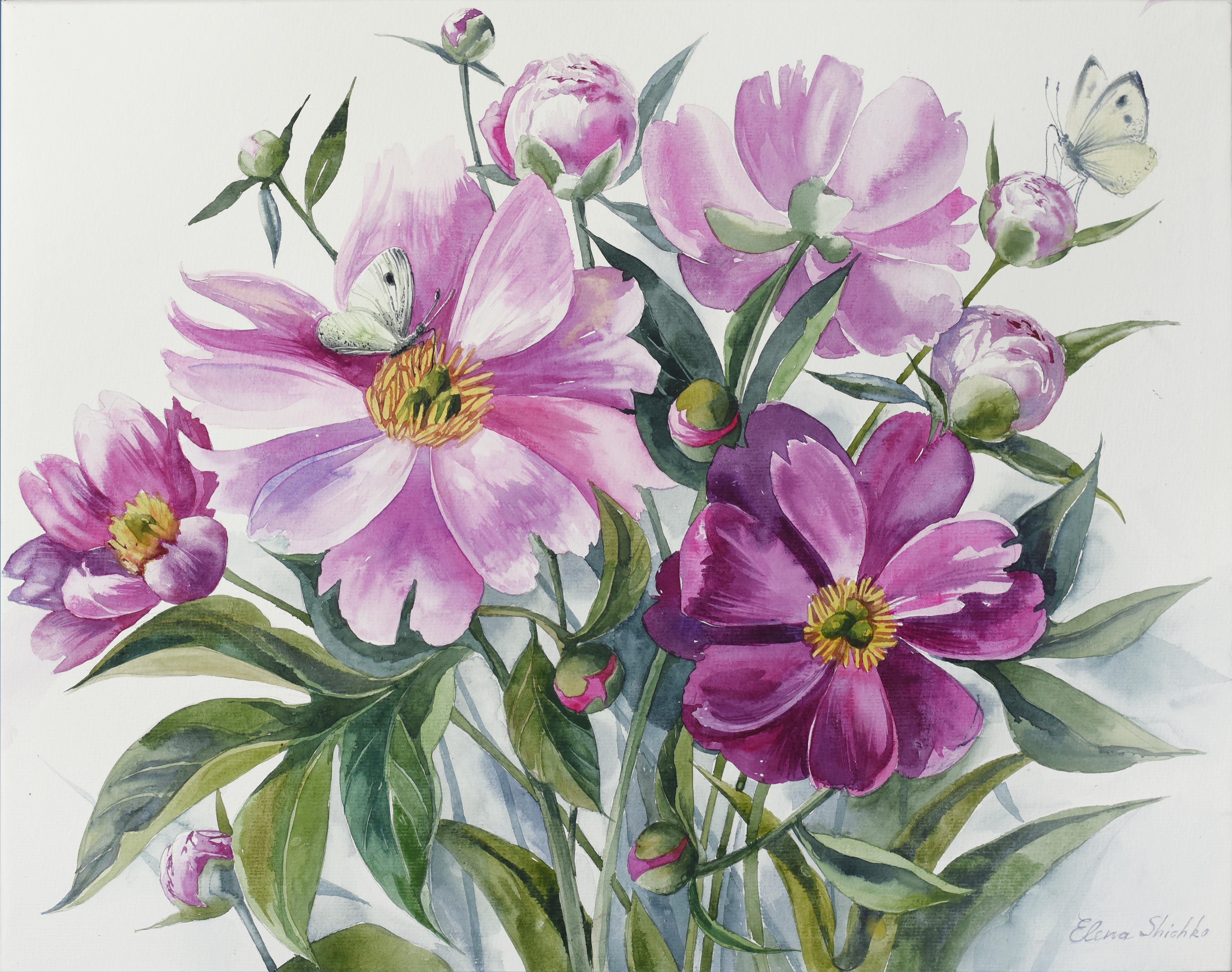 Landscape Painting Elena Shichko - Aquarelle de pivoines rose