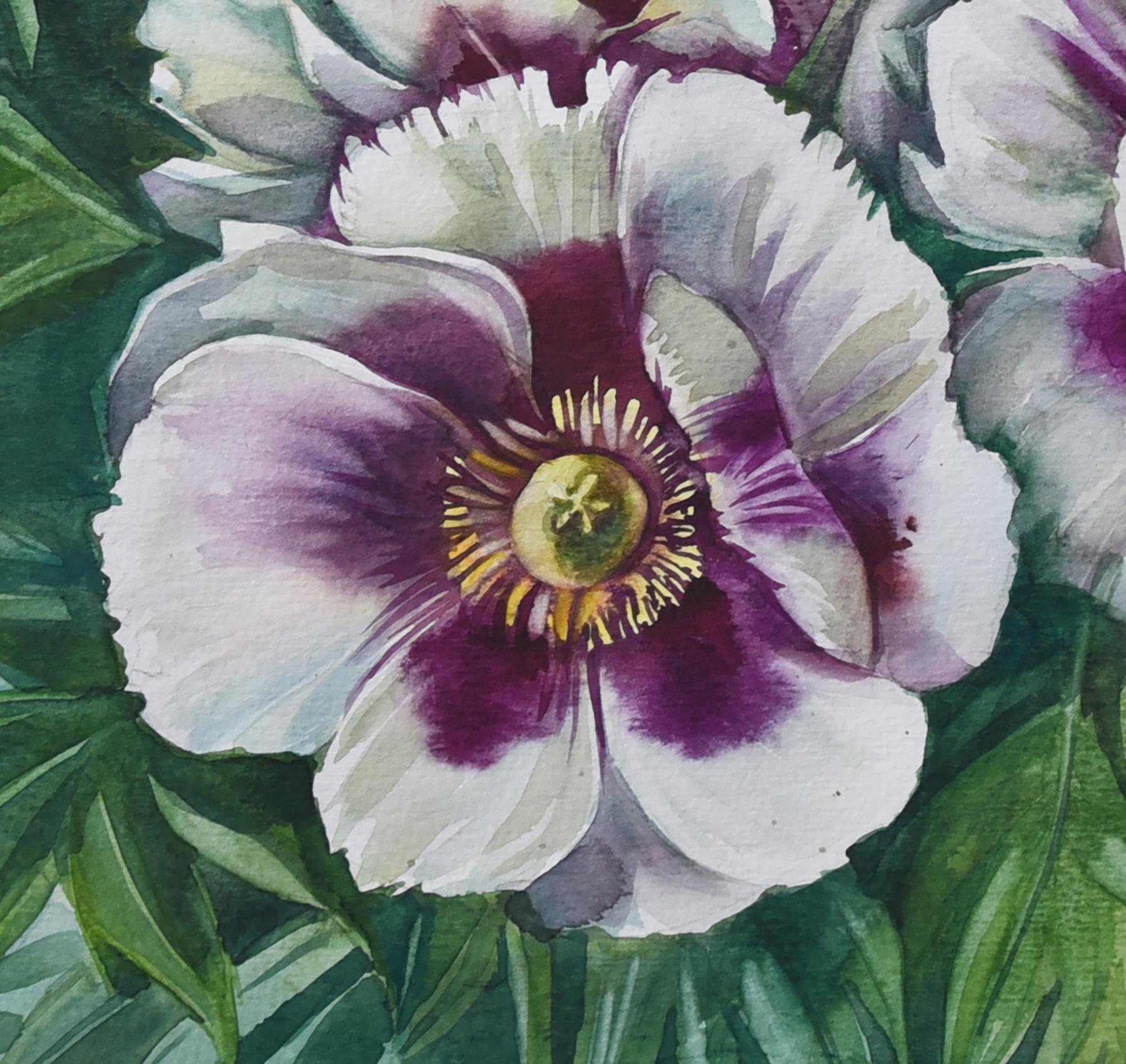 White peonies watercolor - Realist Painting by Elena Shichko