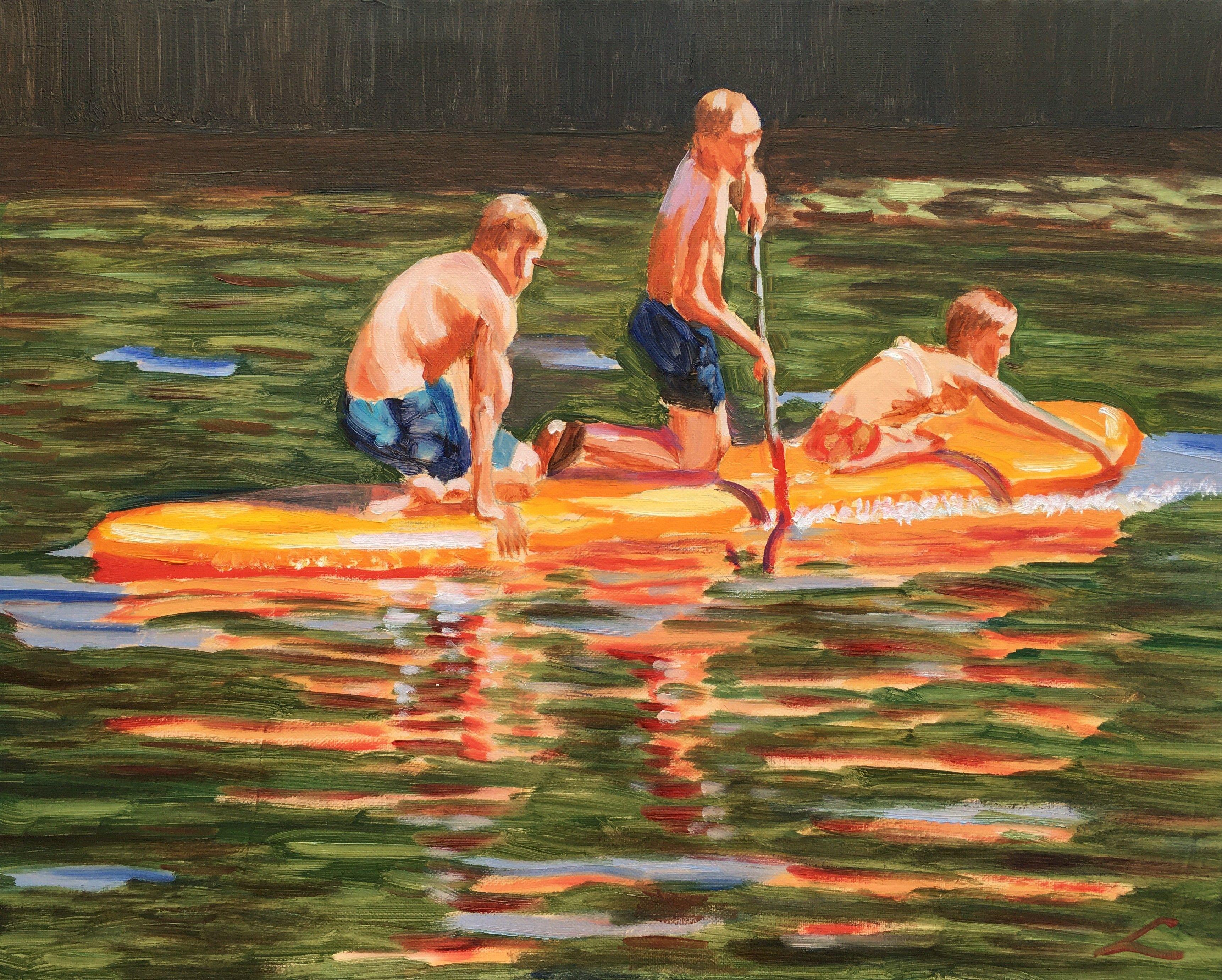 Three children in the boat, going along the channel. :: Painting :: Impressionist :: This piece comes with an official certificate of authenticity signed by the artist :: Ready to Hang: Yes :: Signed: Yes :: Signature Location: on front :: Canvas ::