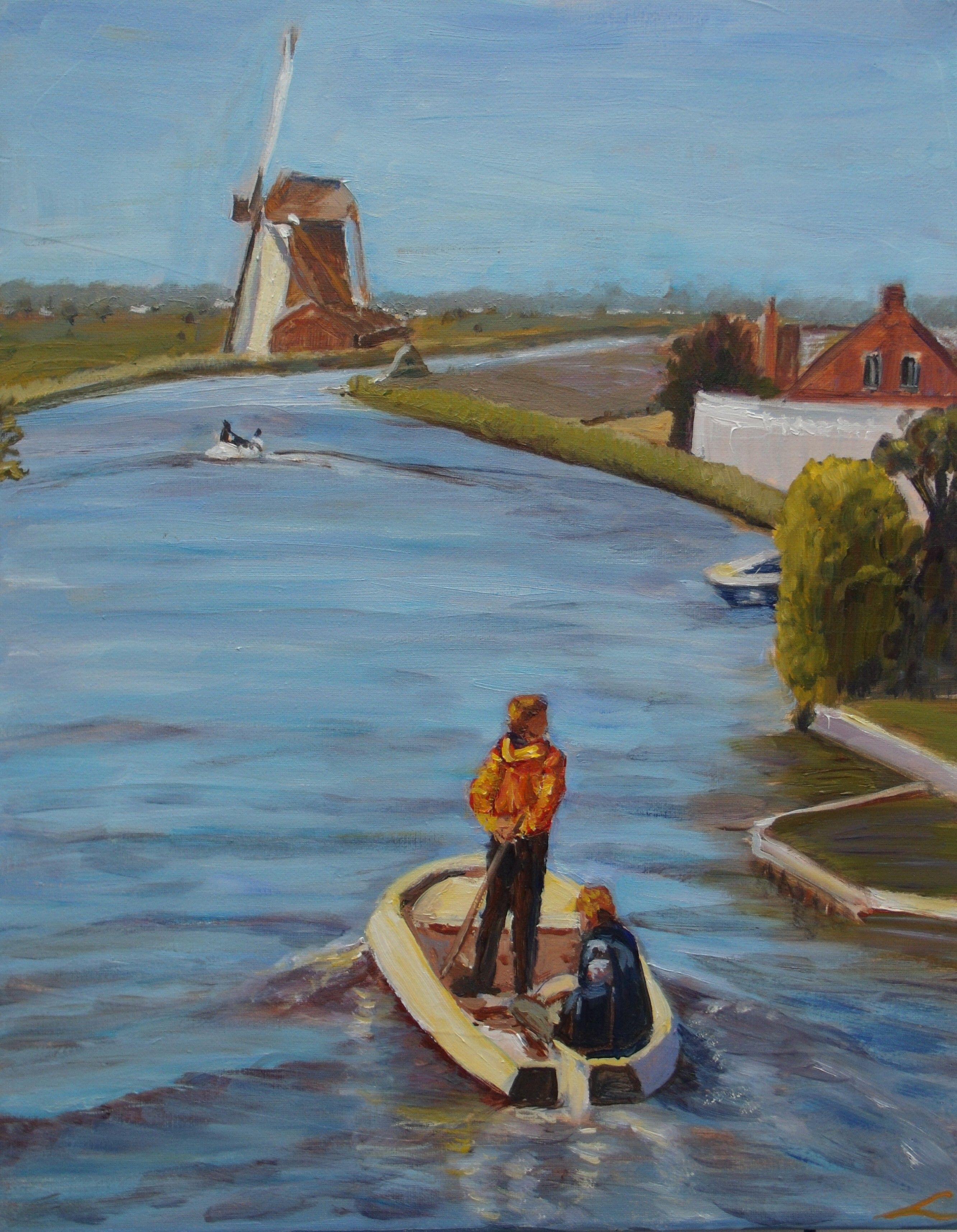 Landscape with a windmill at the channel and two boys in the boat, painted by oil on canvas. :: Painting :: Impressionist :: This piece comes with an official certificate of authenticity signed by the artist :: Ready to Hang: Yes :: Signed: Yes ::