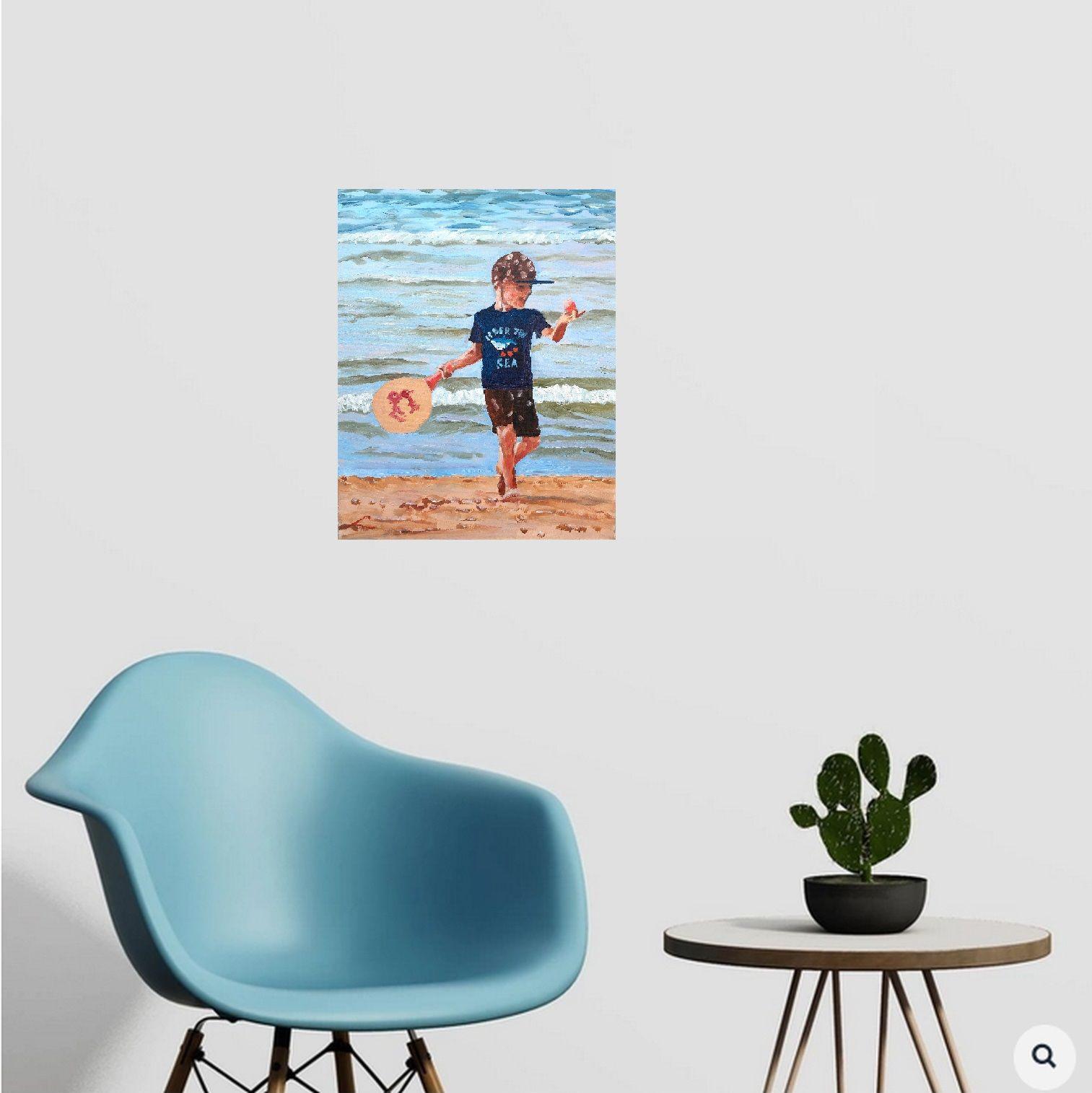 Joueur de balle de plage, peinture  l'huile sur toile - Impressionnisme Painting par Elena Sokolova