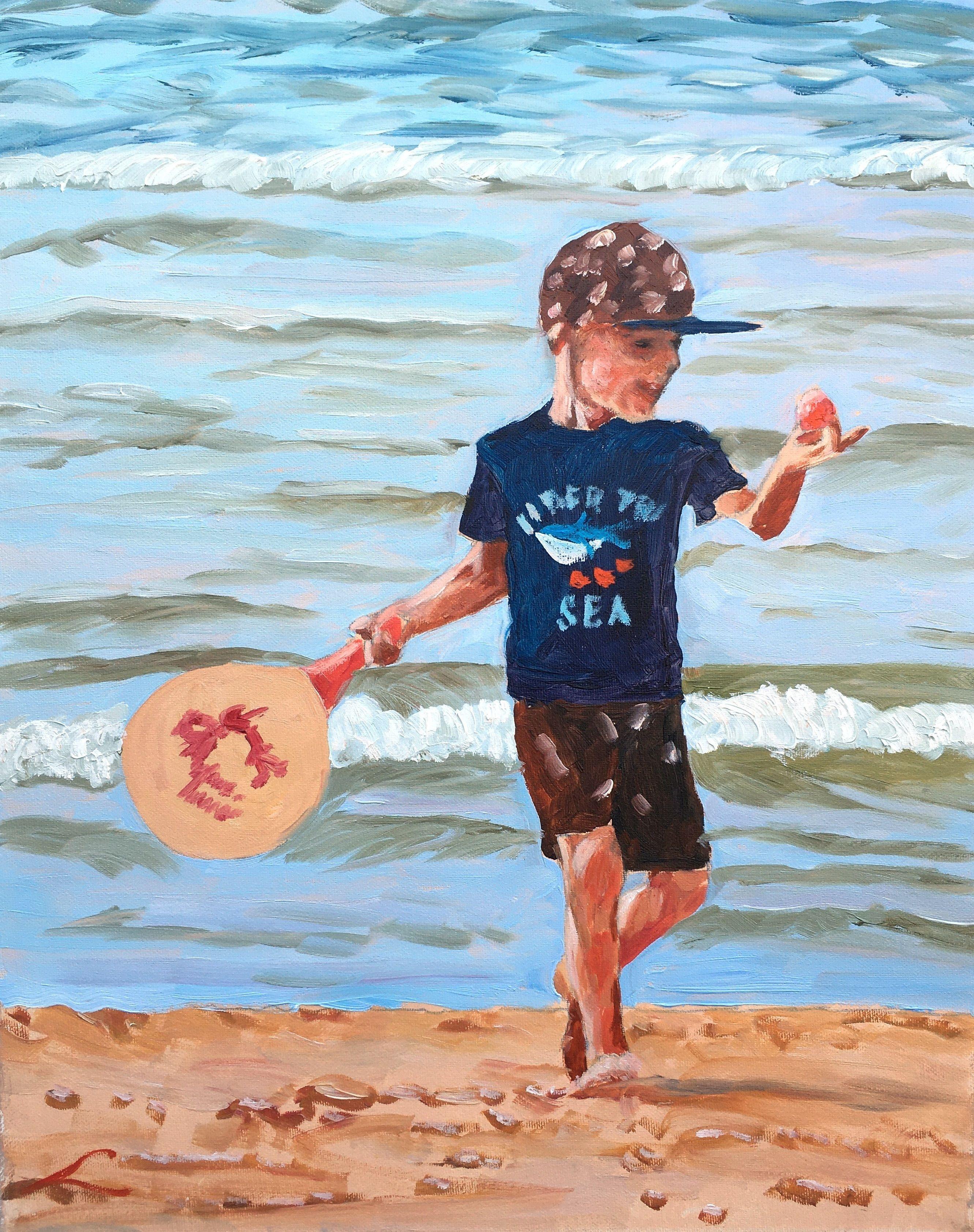 Joueur de balle de plage, peinture  l'huile sur toile - Painting de Elena Sokolova