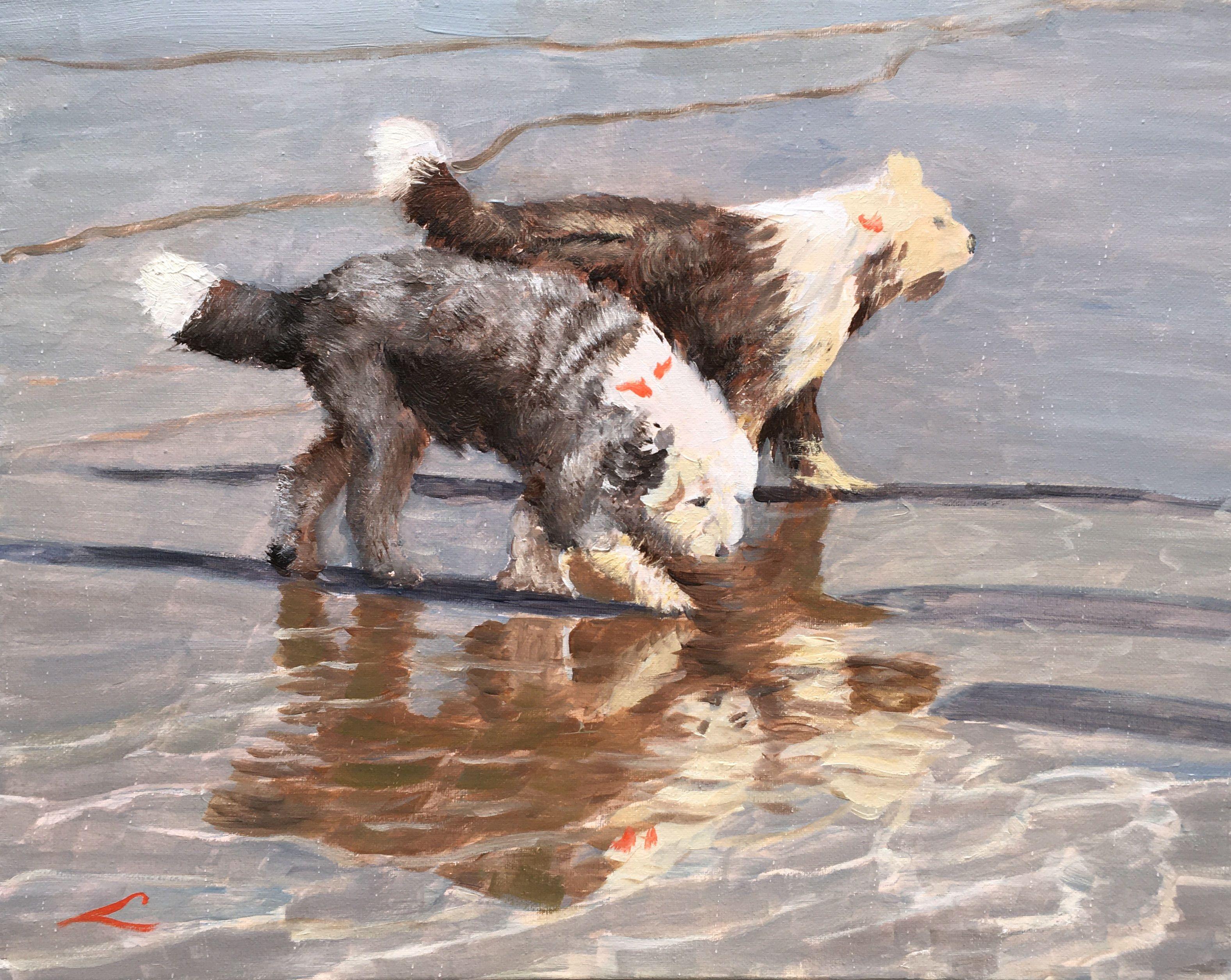 Dogs at the sea. Alla prima oil painting with few final taches when dry. Beautiful weather with a big shining sun. And Iâ€™m standing there taking it all in. The many spectacular sights jump at my eyes. Kids and dogs run around and splash each other
