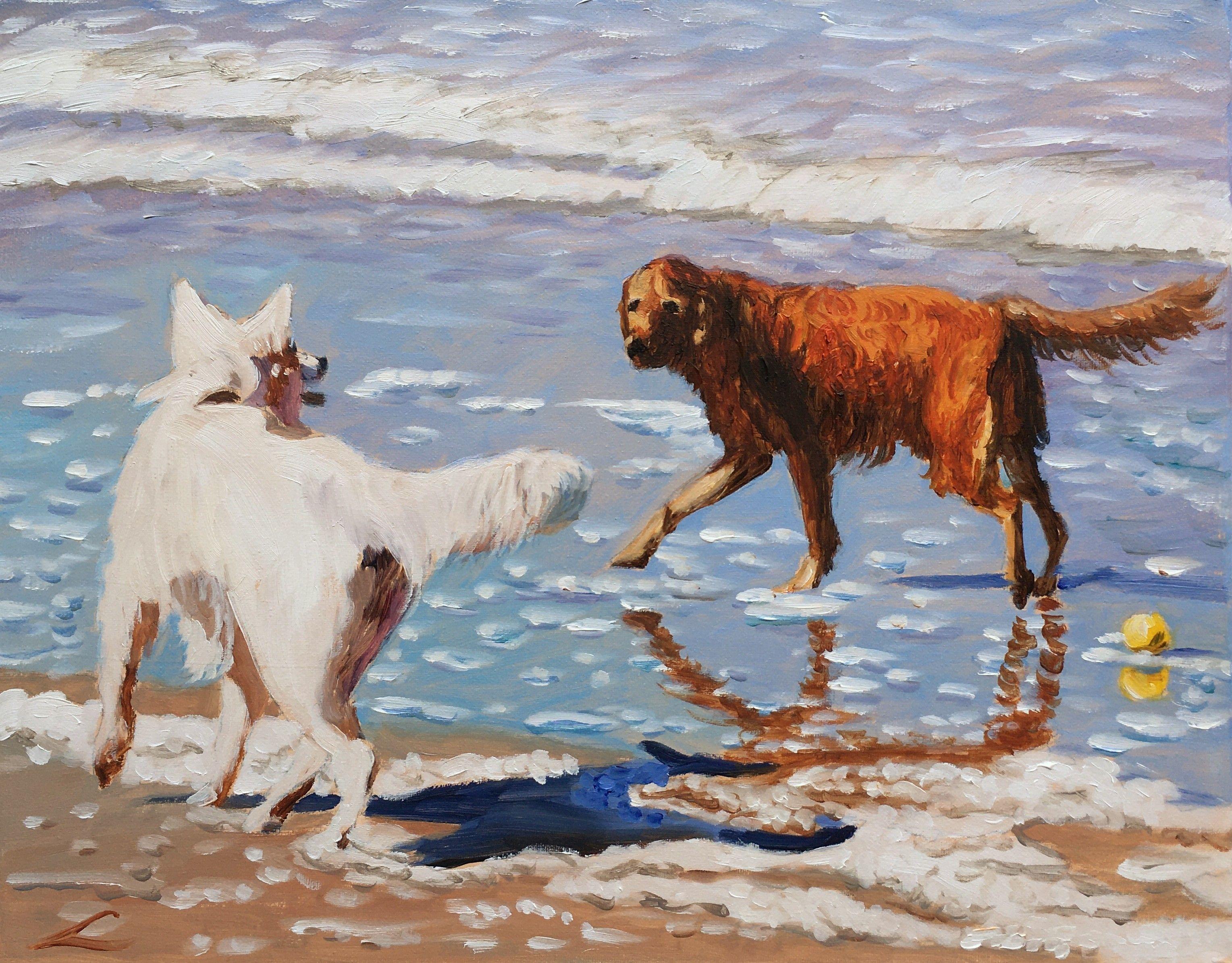 Elena Sokolova Animal Painting - Beach dogs, Painting, Oil on Canvas