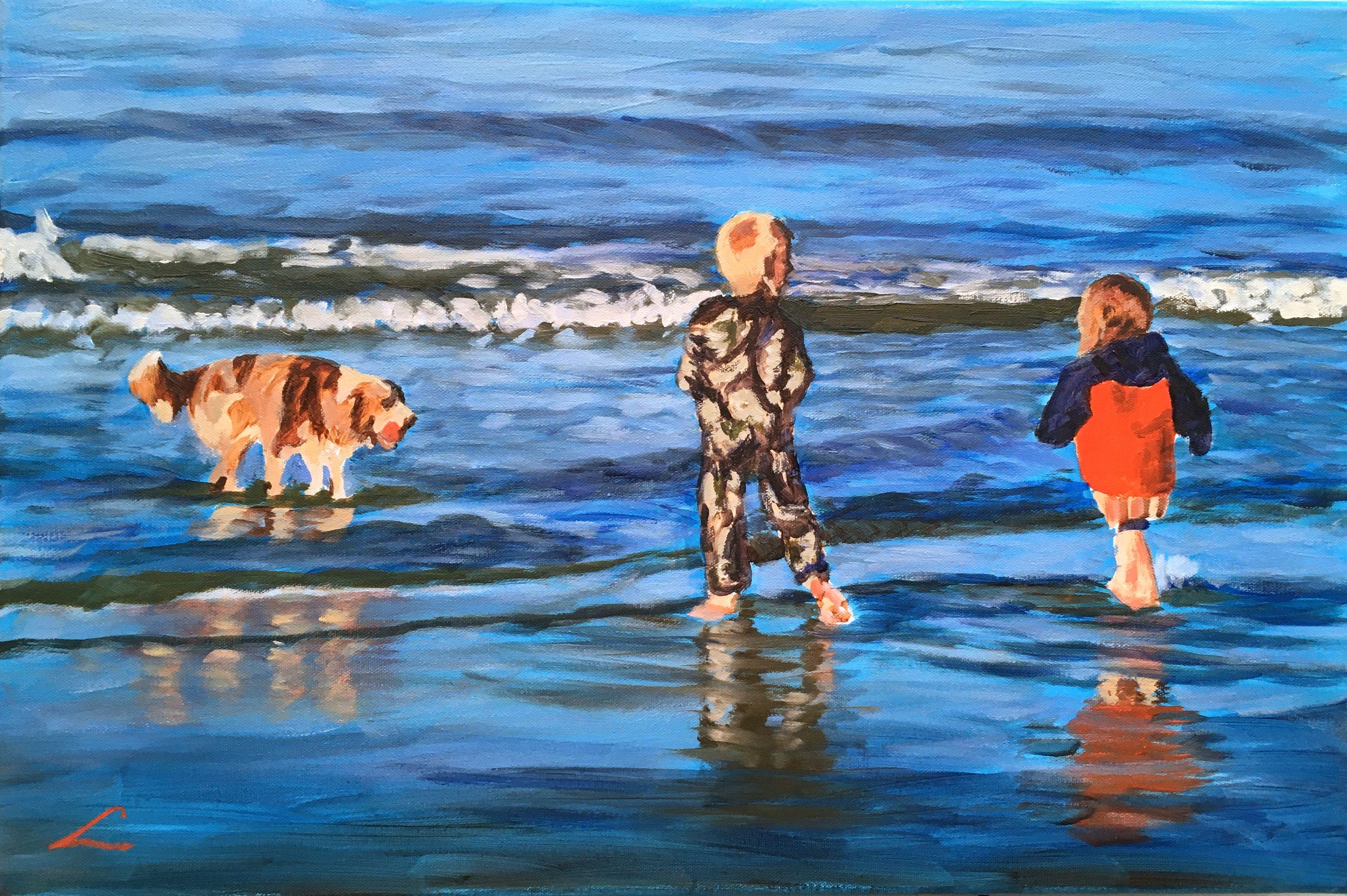 Boy, girl and a dog at the sea, painted by oil on canvas. :: Painting :: Impressionist :: This piece comes with an official certificate of authenticity signed by the artist :: Ready to Hang: Yes :: Signed: Yes :: Signature Location: on front ::