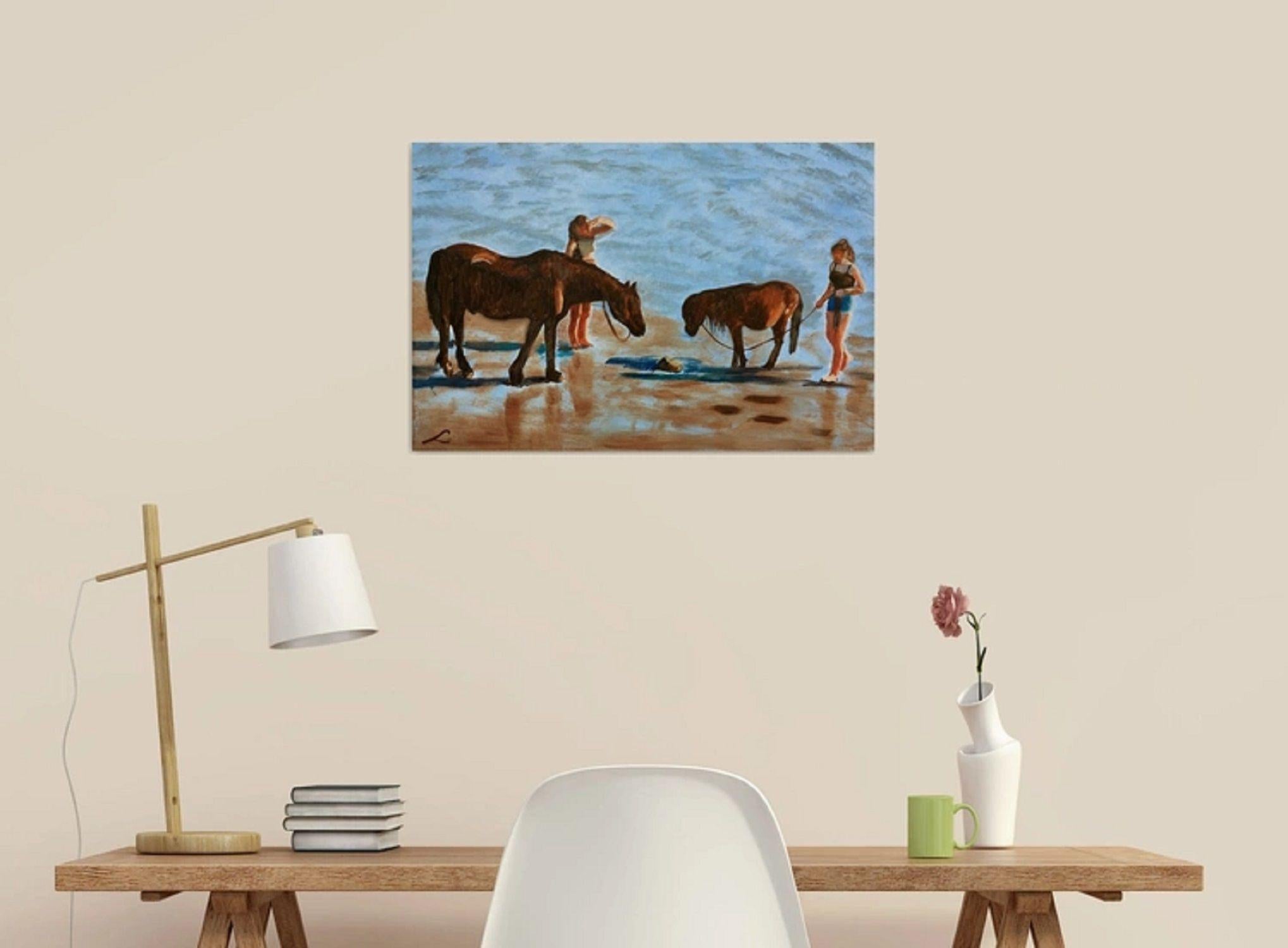 Two girls with horses at the sea, painted by oil on canvas. :: Painting :: Impressionist :: This piece comes with an official certificate of authenticity signed by the artist :: Ready to Hang: Yes :: Signed: Yes :: Signature Location: on front ::