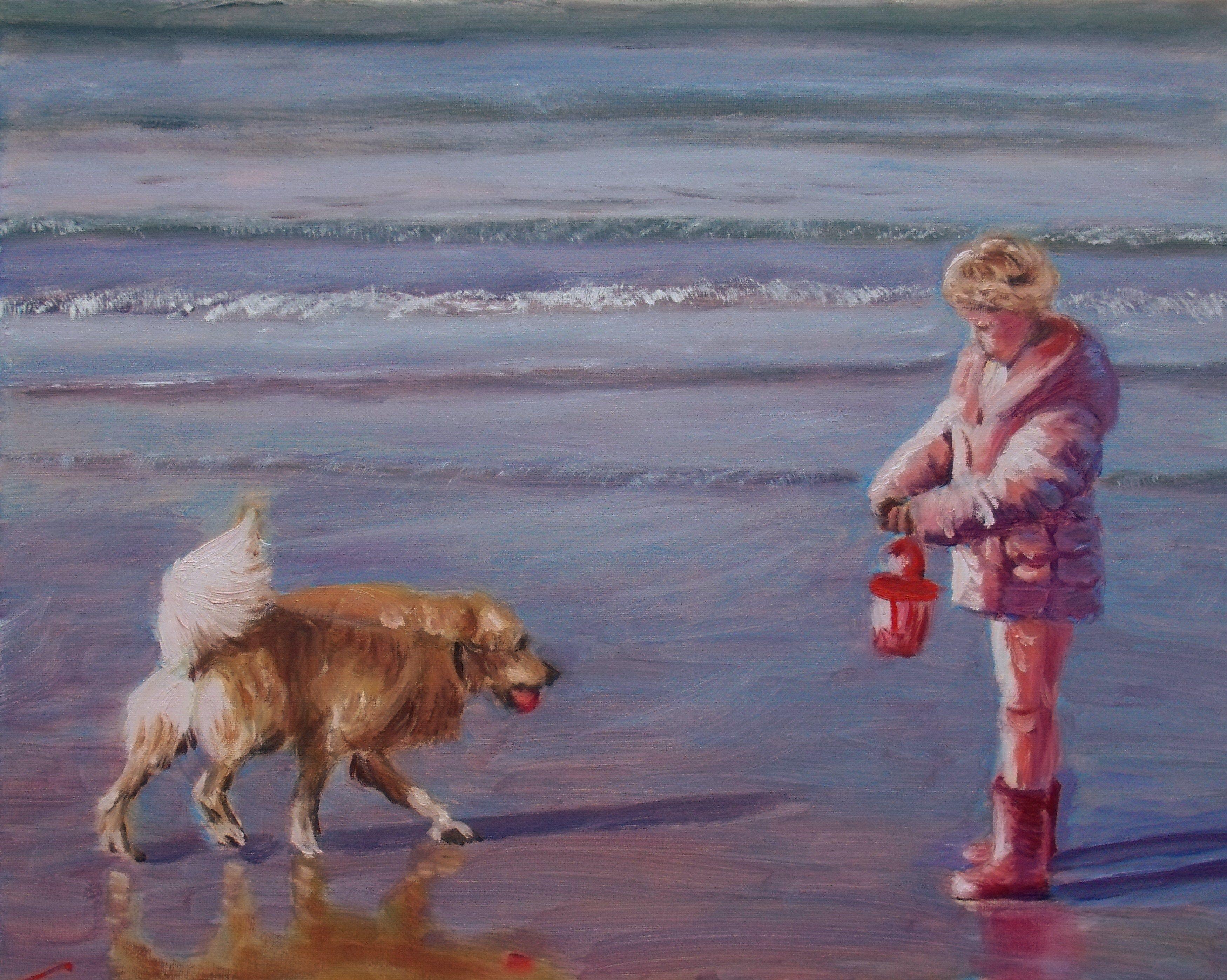 Girl and a dog at the sea. Alla prima oil painting with few final tuch when dry.Water right by the edge of the shore. Waves crashing at my feet. Beautiful weather with a big shining sun. And I'm standing there taking it all in. Water right by the