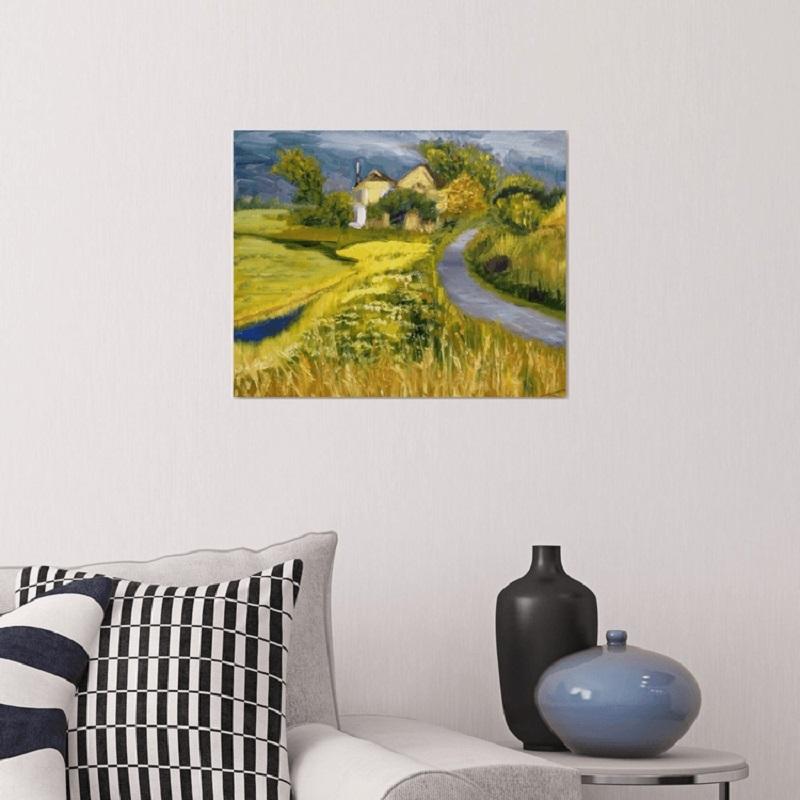 Landscape painting with sunny fields and rainy clouds in the background. Studio painting done after the plain air on the location. :: Painting :: Impressionist :: This piece comes with an official certificate of authenticity signed by the artist ::