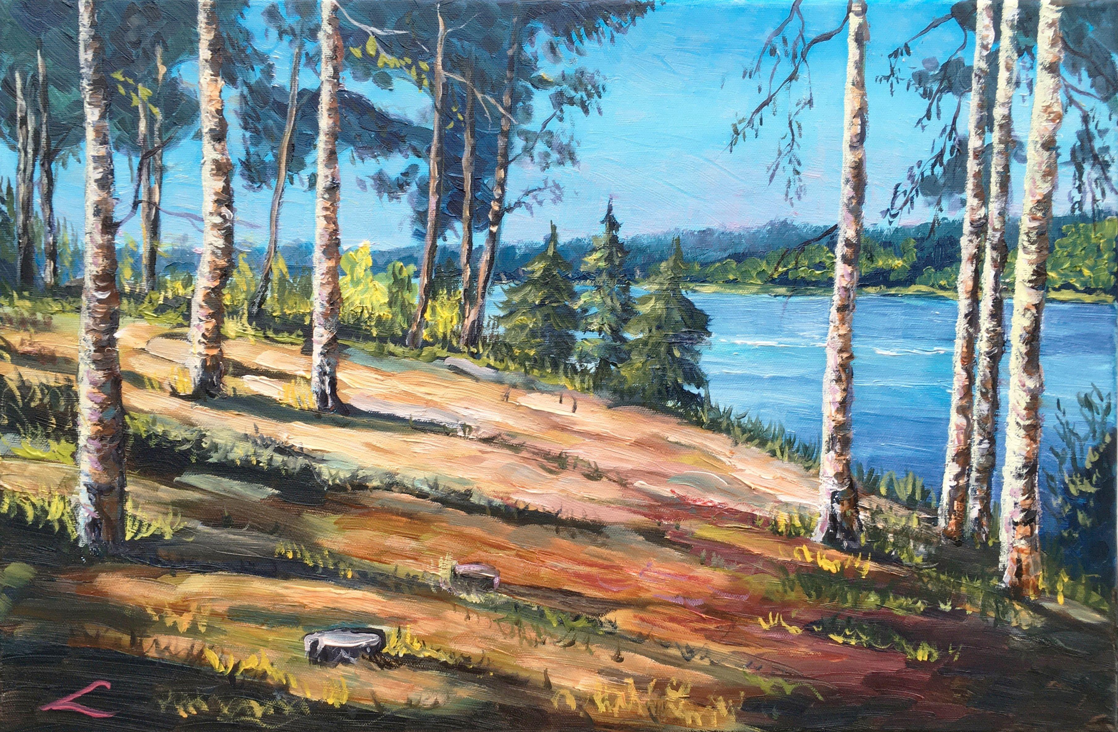 Landscape with birches at the rive, painted by oil on canvas :: Painting :: Impressionist :: This piece comes with an official certificate of authenticity signed by the artist :: Ready to Hang: Yes :: Signed: Yes :: Signature Location: on front ::