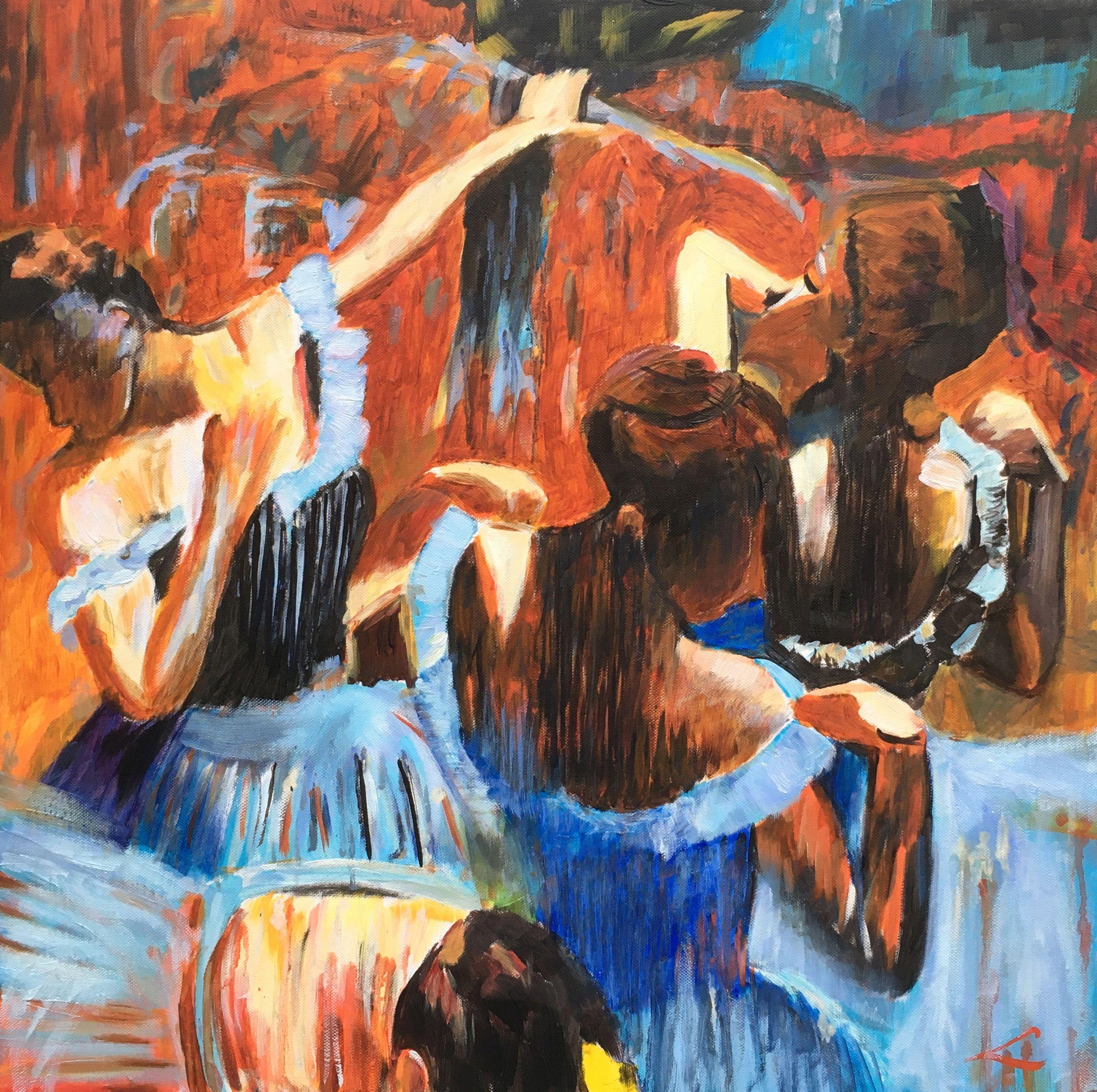 Abstract stylization of blue dancers. Inspired by Degas :: Painting :: Abstract Expressionism :: This piece comes with an official certificate of authenticity signed by the artist :: Ready to Hang: Yes :: Signed: Yes :: Signature Location: on front