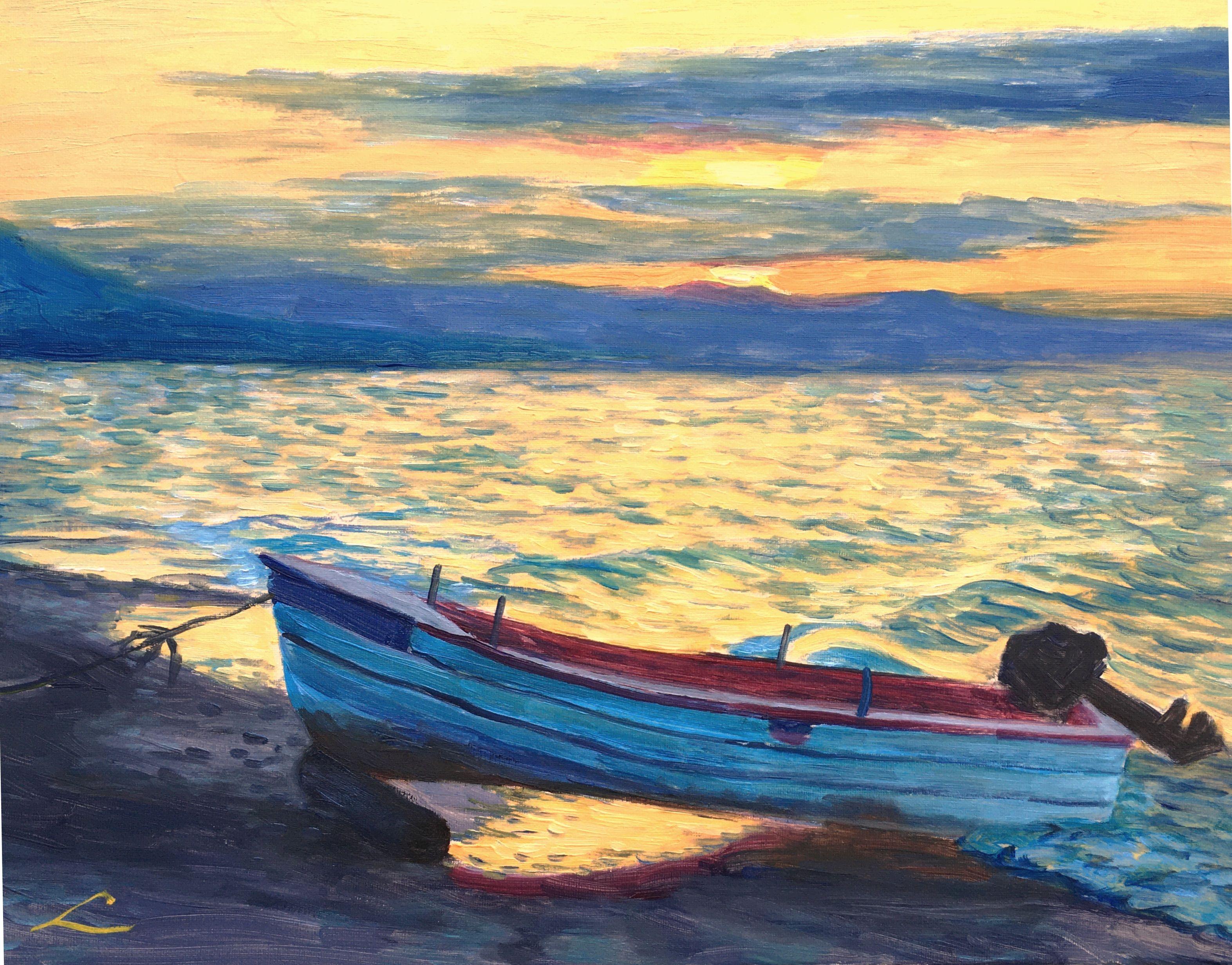 boat in sunset painting
