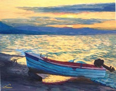 Boat at sunset, Painting, Oil on Canvas
