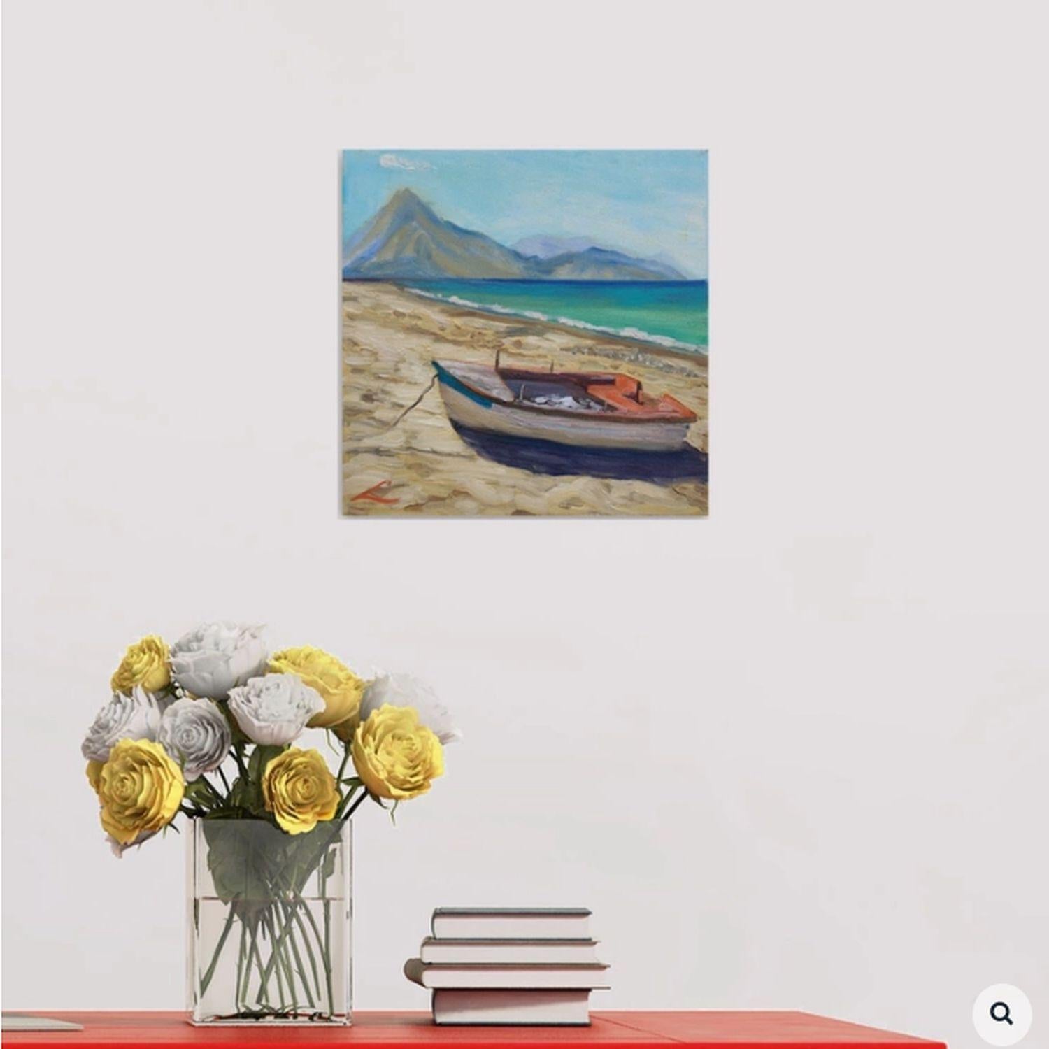 Oil on canvas plain air painting of a boat at the sea. :: Painting :: Impressionist :: This piece comes with an official certificate of authenticity signed by the artist :: Ready to Hang: Yes :: Signed: Yes :: Signature Location: on front :: Canvas