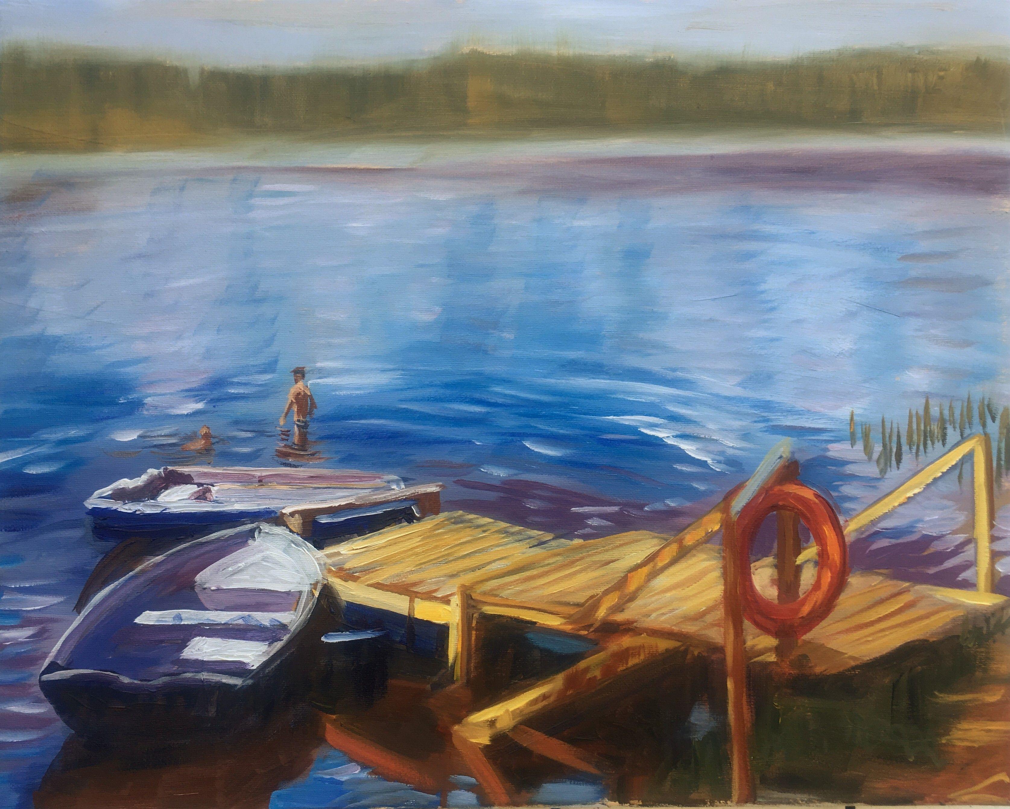 Boats at the lake. Alla prima oil painting with few final touches when dry. Beautiful weather with a big shining sun. And I'm standing there taking it all in. The many spectacular sights jump at my eyes. :: Painting :: Impressionist :: This piece