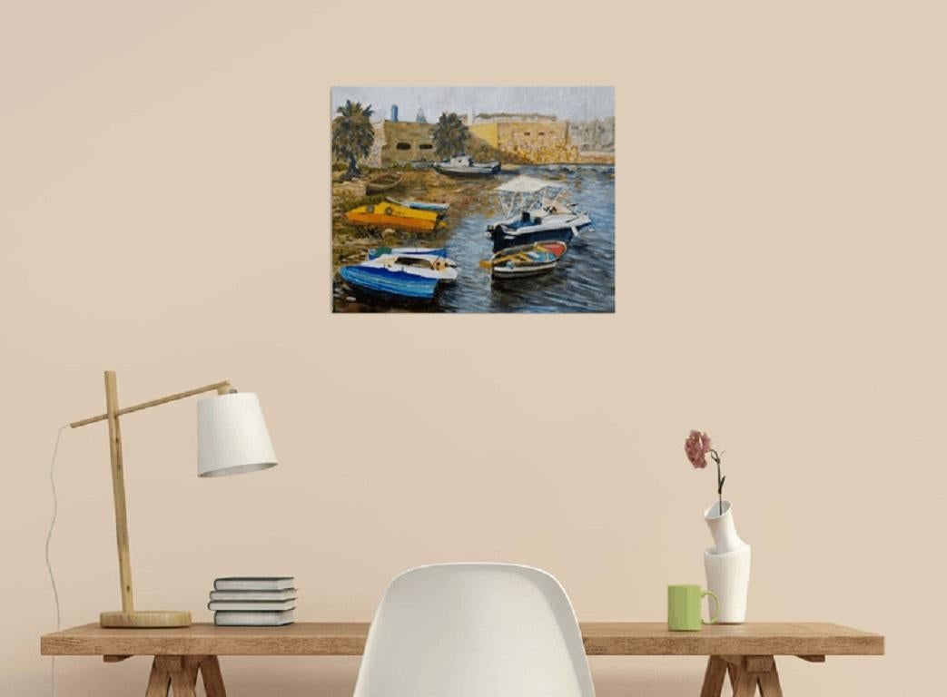Mediterrane Landschaft mit dem alten Hafen mit Booten. Ateliergemälde, gemalt nach der reinen Luft vor Ort :: Malerei :: Impressionist :: Dieses Werk wird mit einem offiziellen, vom Künstler unterzeichneten Echtheitszertifikat geliefert :: Bereit