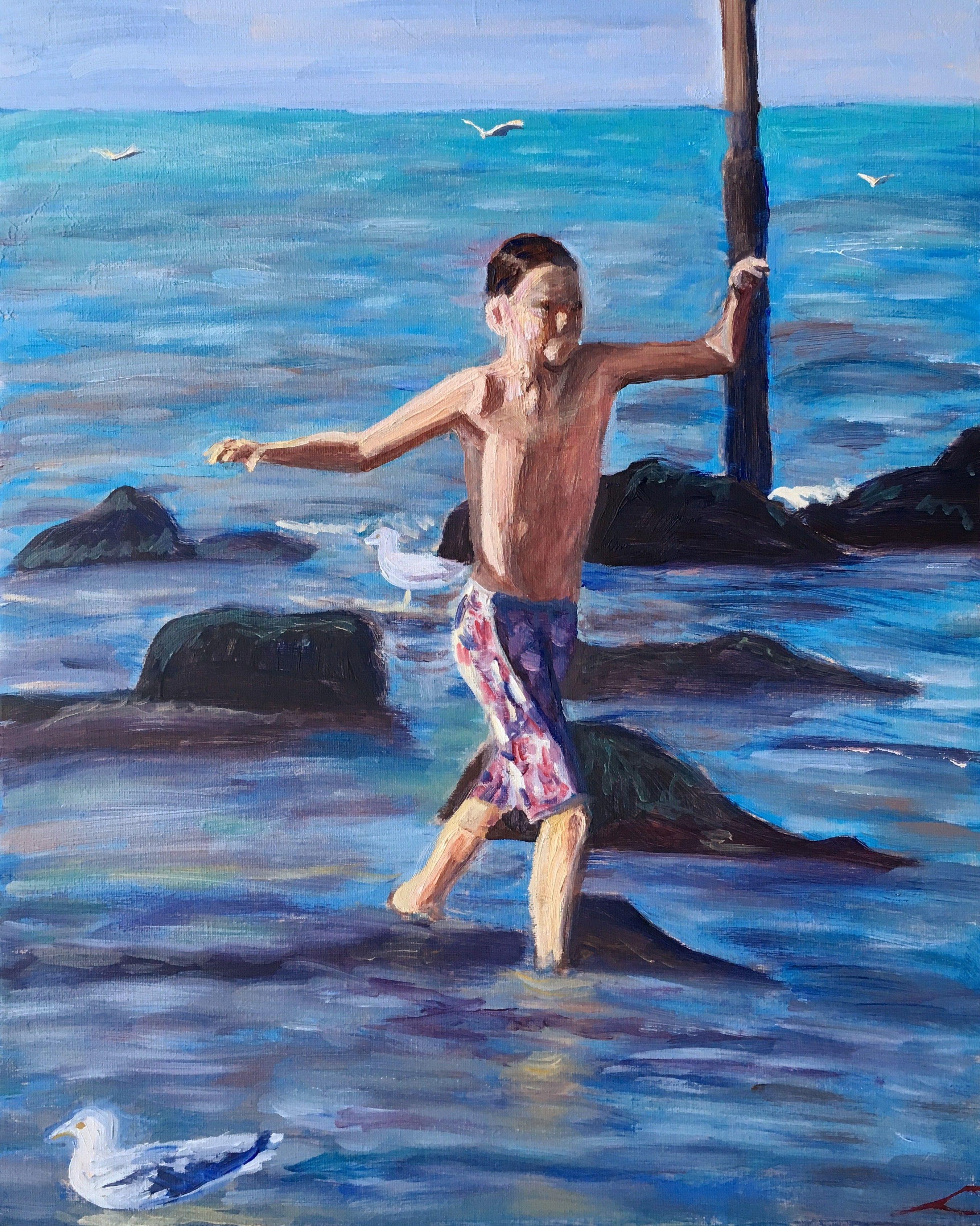 Junge auf dem Meer, Gemälde, Öl auf Leinwand