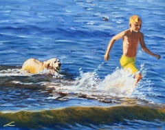 Boy, sea and a wet dog., Painting, Oil on Canvas