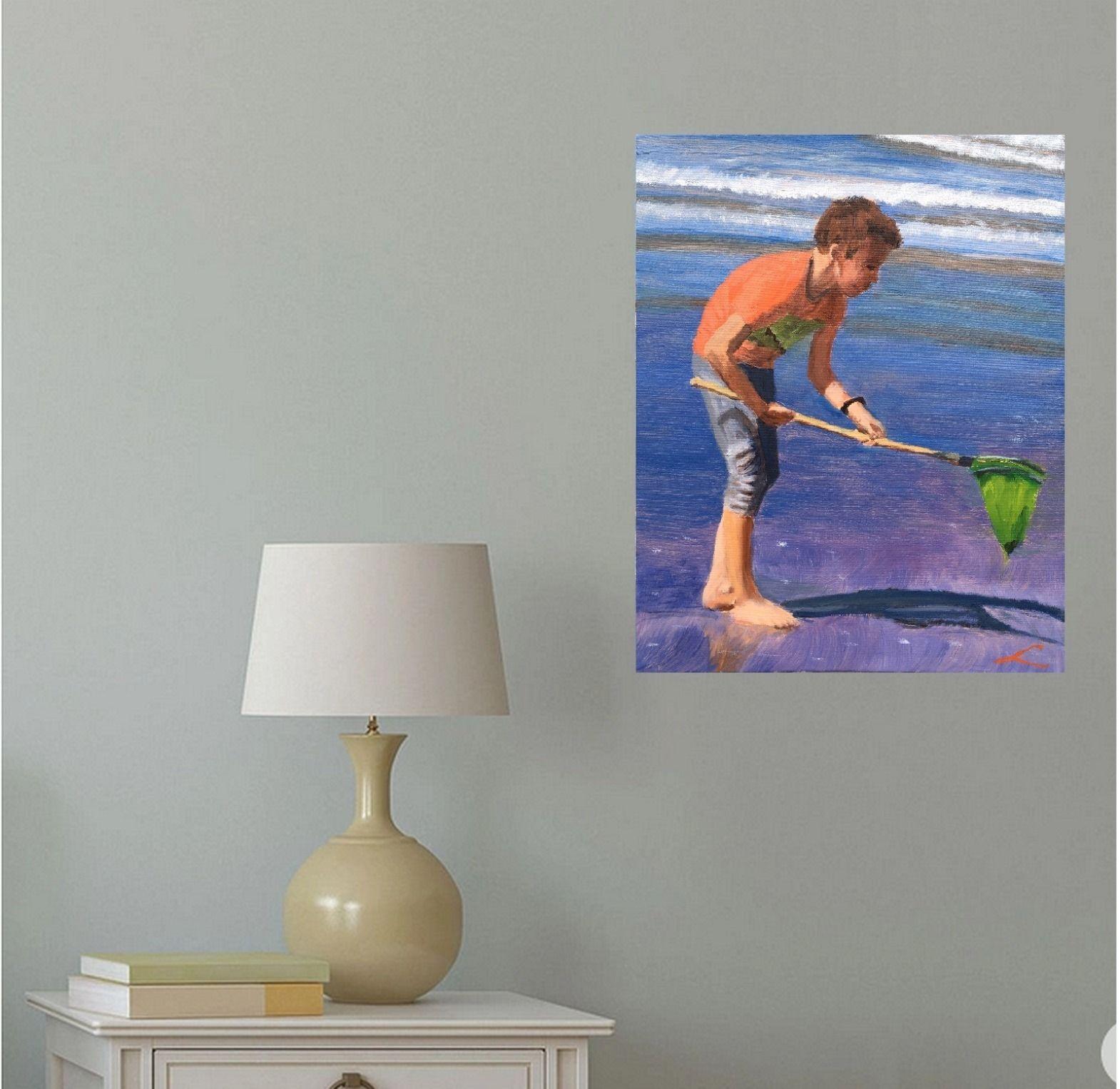 Boy mit einem Fischernetz, Gemälde, Öl auf Leinwand (Impressionismus), Painting, von Elena Sokolova