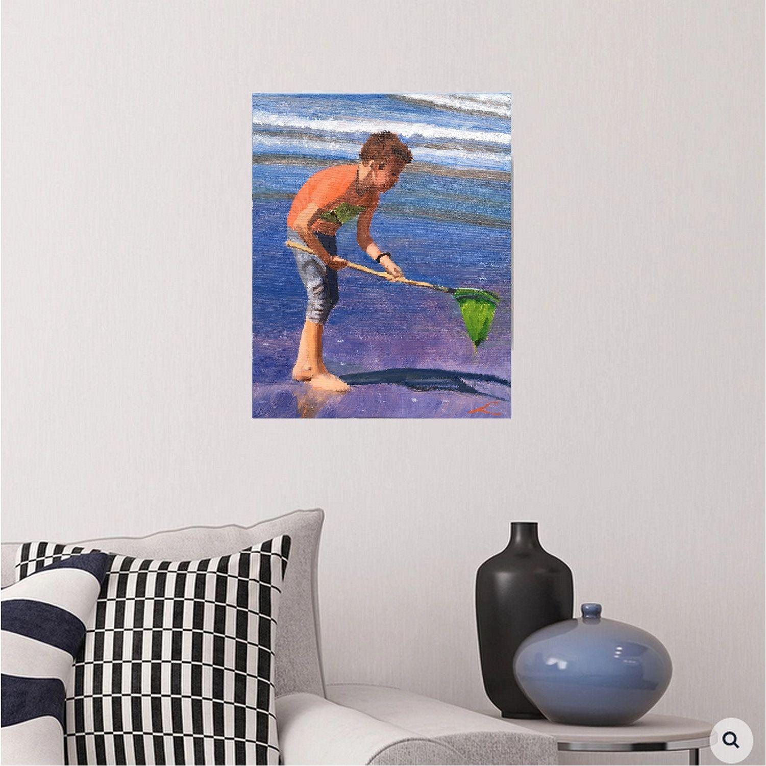 Junge mit einem Fischernetz am Meer, gemalt mit Öl auf Leinwand :: Gemälde :: Impressionist :: Dieses Werk wird mit einem offiziellen, vom Künstler unterzeichneten Echtheitszertifikat geliefert :: Bereit zum Aufhängen: Ja :: Signiert: Ja :: Ort der