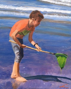 Boy with a fishing net, Painting, Oil on Canvas