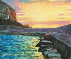 Peinture, huile sur toile, coucher de soleil de Cefalu