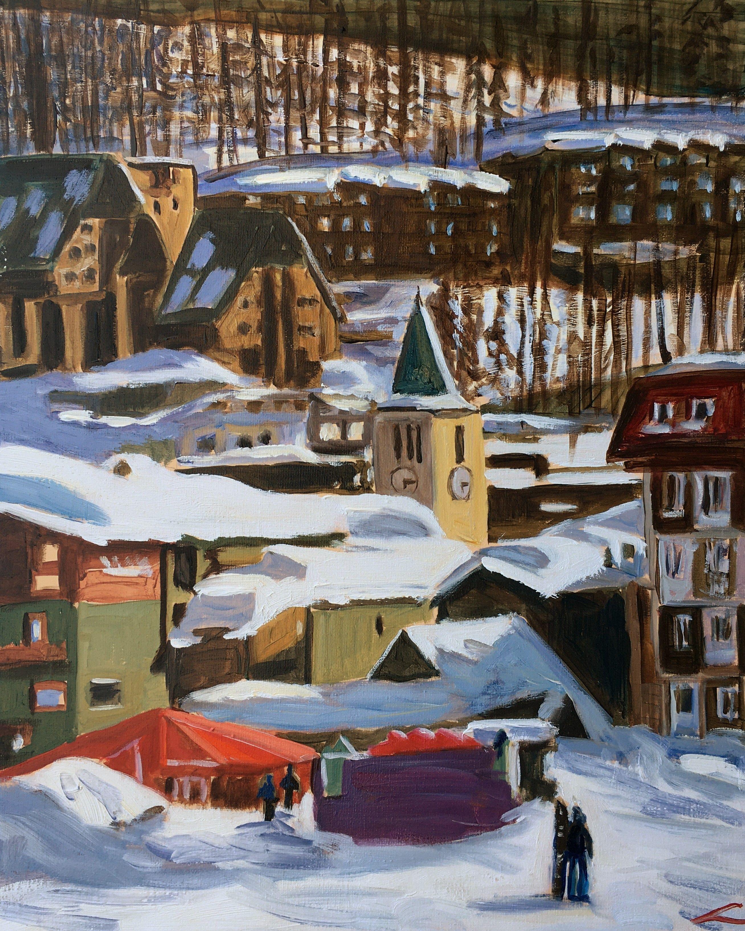 Winter landscape of a mountain village :: Painting :: Impressionist :: This piece comes with an official certificate of authenticity signed by the artist :: Ready to Hang: Yes :: Signed: Yes :: Signature Location: on front :: Canvas :: Portrait ::