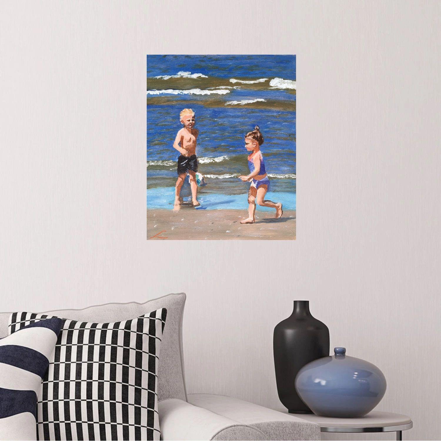 Two small children, a boy and a girl at the sea, painted by oil on canvas. :: Painting :: Impressionist :: This piece comes with an official certificate of authenticity signed by the artist :: Ready to Hang: Yes :: Signed: Yes :: Signature Location: