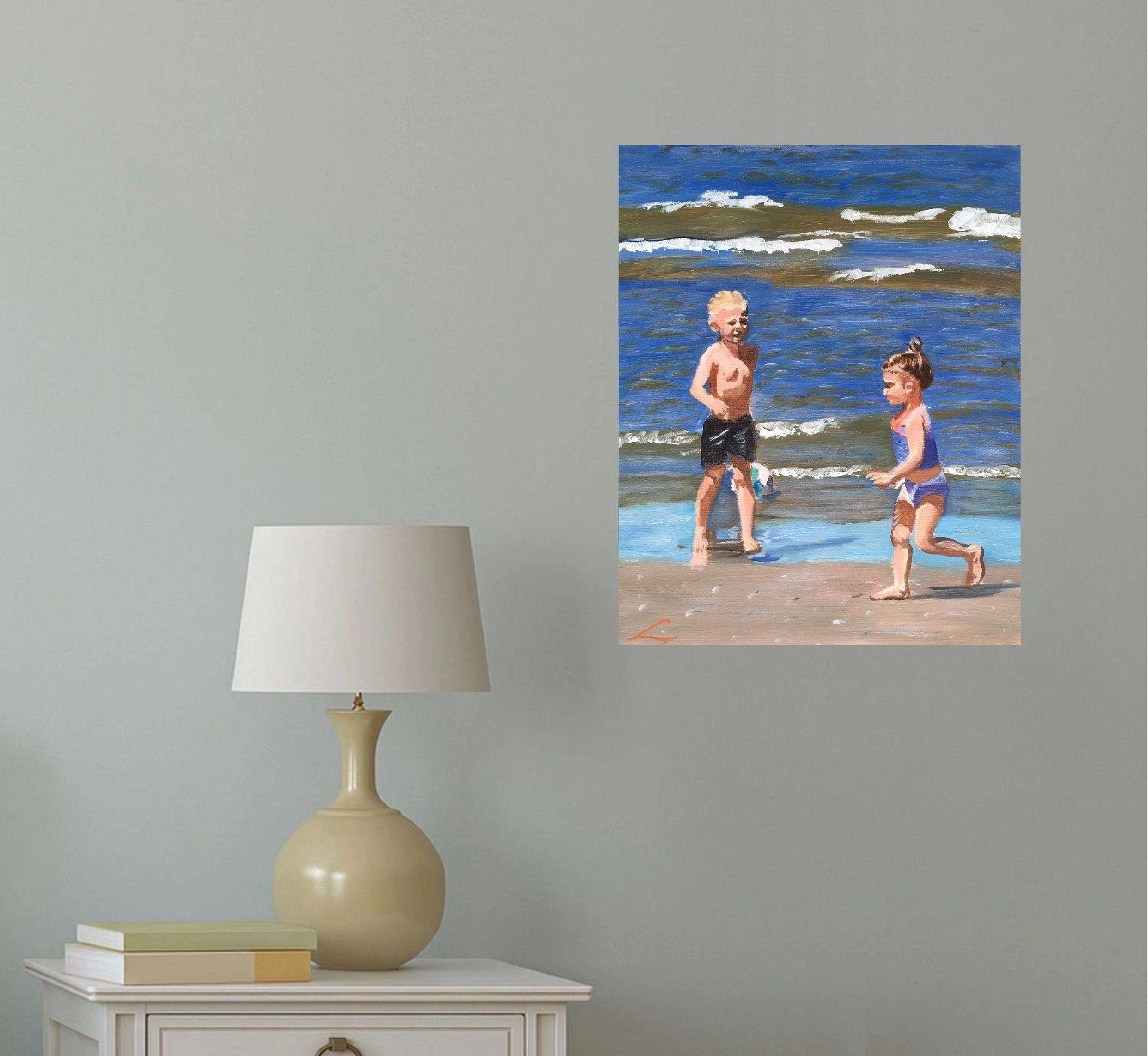 Children at the beach 2, Painting, Oil on Canvas For Sale 1