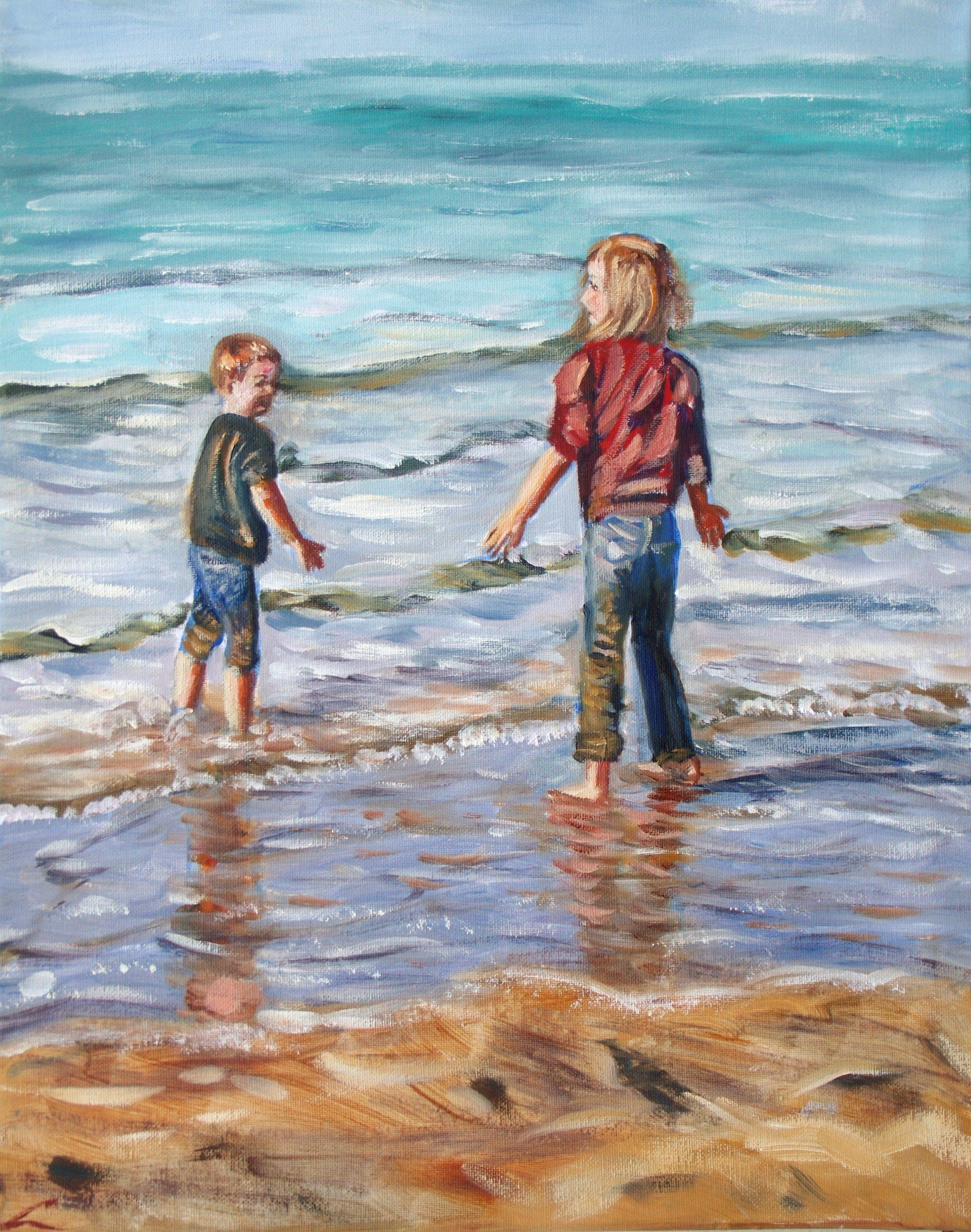 Two children at the sea. Alla prima oil painting with few final touches when dry. Beautiful weather with a big shining sun. And I'm standing there taking it all in. The many spectacular sights jump at my eyes. Kids and dogs run around and splash