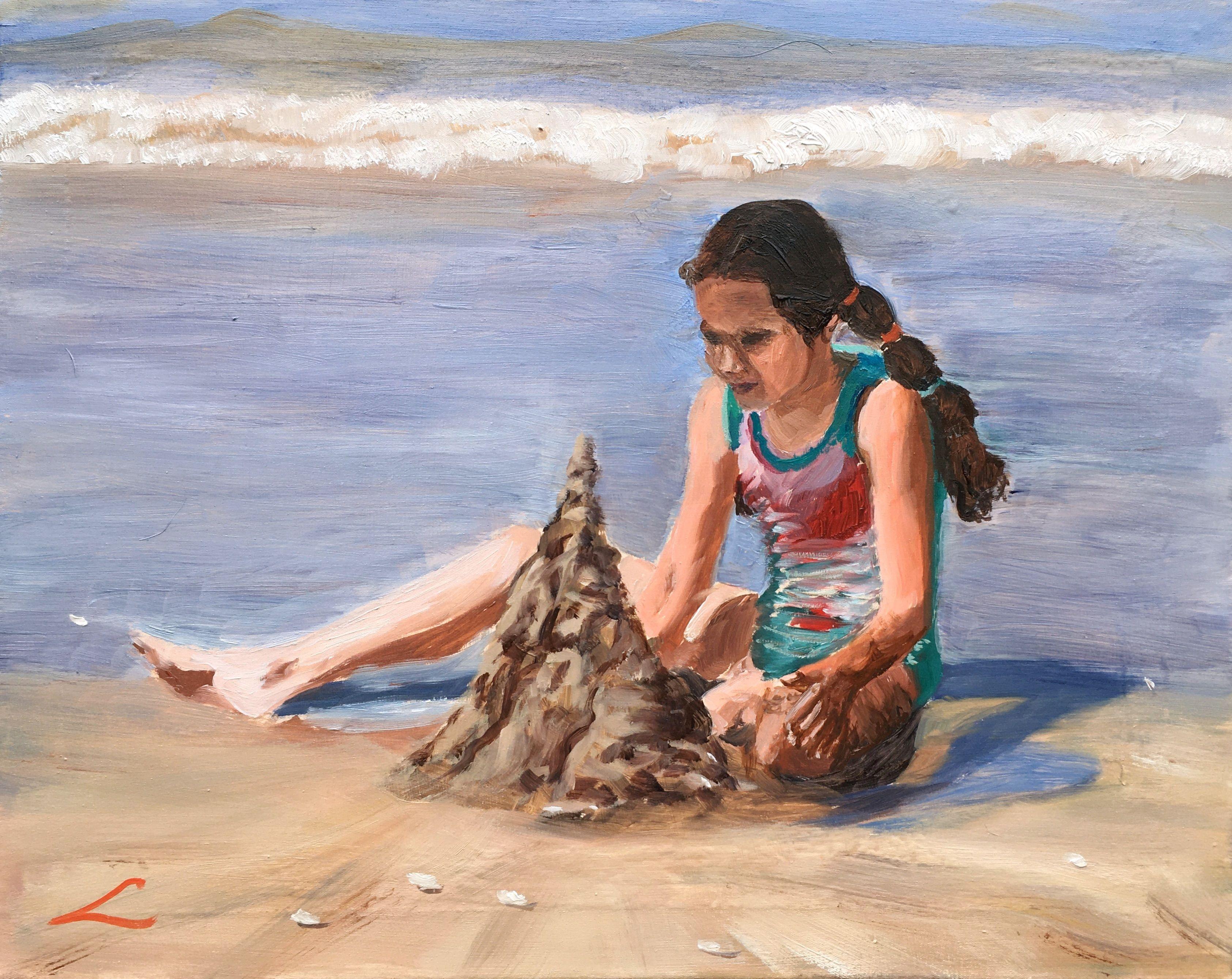 Girl playing with sand at the sea, painted by oil on canvas. :: Painting :: Impressionist :: This piece comes with an official certificate of authenticity signed by the artist :: Ready to Hang: Yes :: Signed: Yes :: Signature Location: on front ::