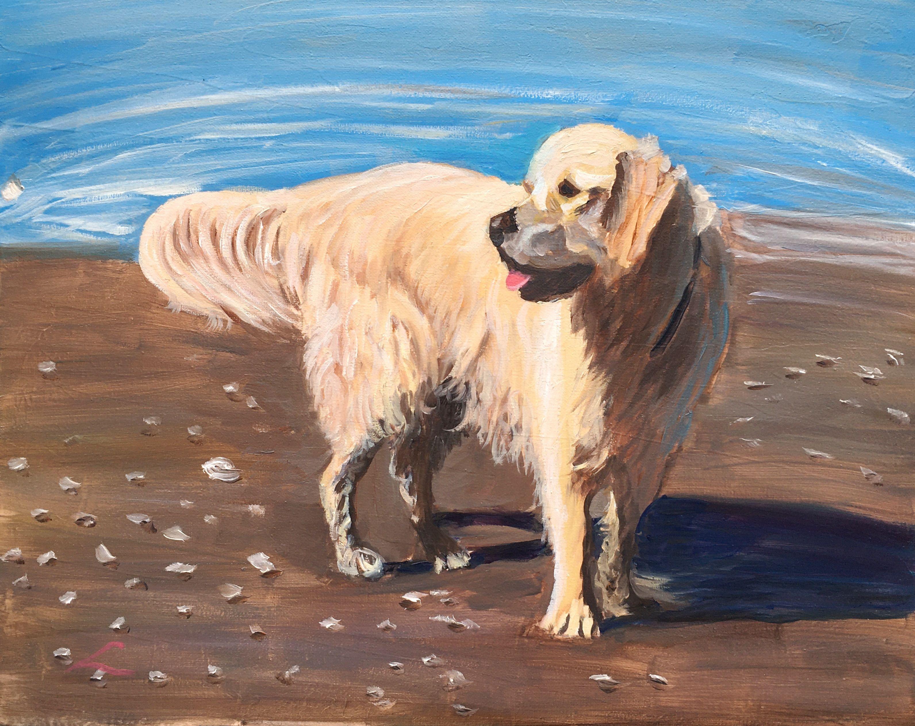 Dog at the sea. Alla prima oil painting with few final taches when dry. Beautiful weather with a big shining sun. And Iâ€™m standing there taking it all in. The many spectacular sights jump at my eyes. Kids and dogs run around and splash each other